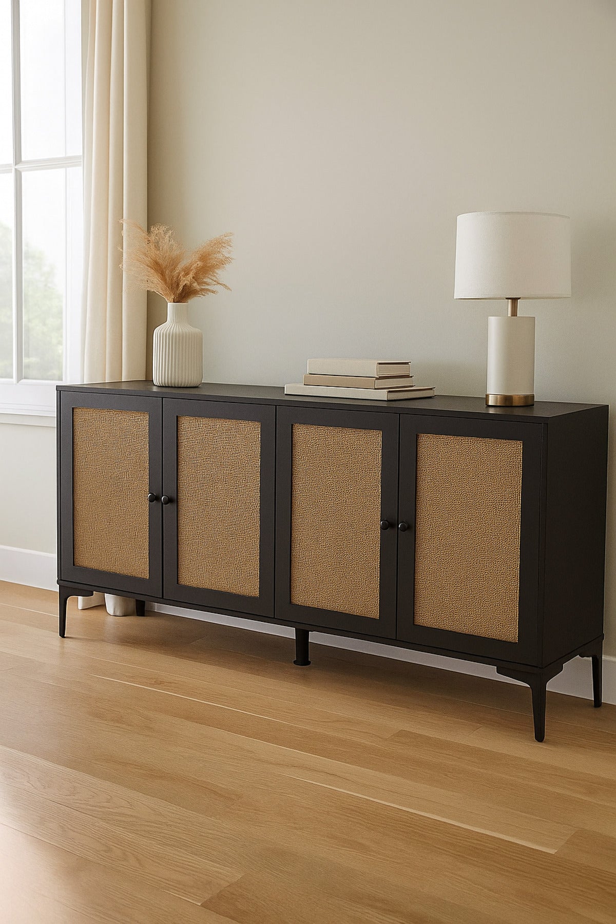 Black Rattan Console Table 160_40_85 cm Ð Modern Wooden 4-Door Storage Cabinet with Cane Doors