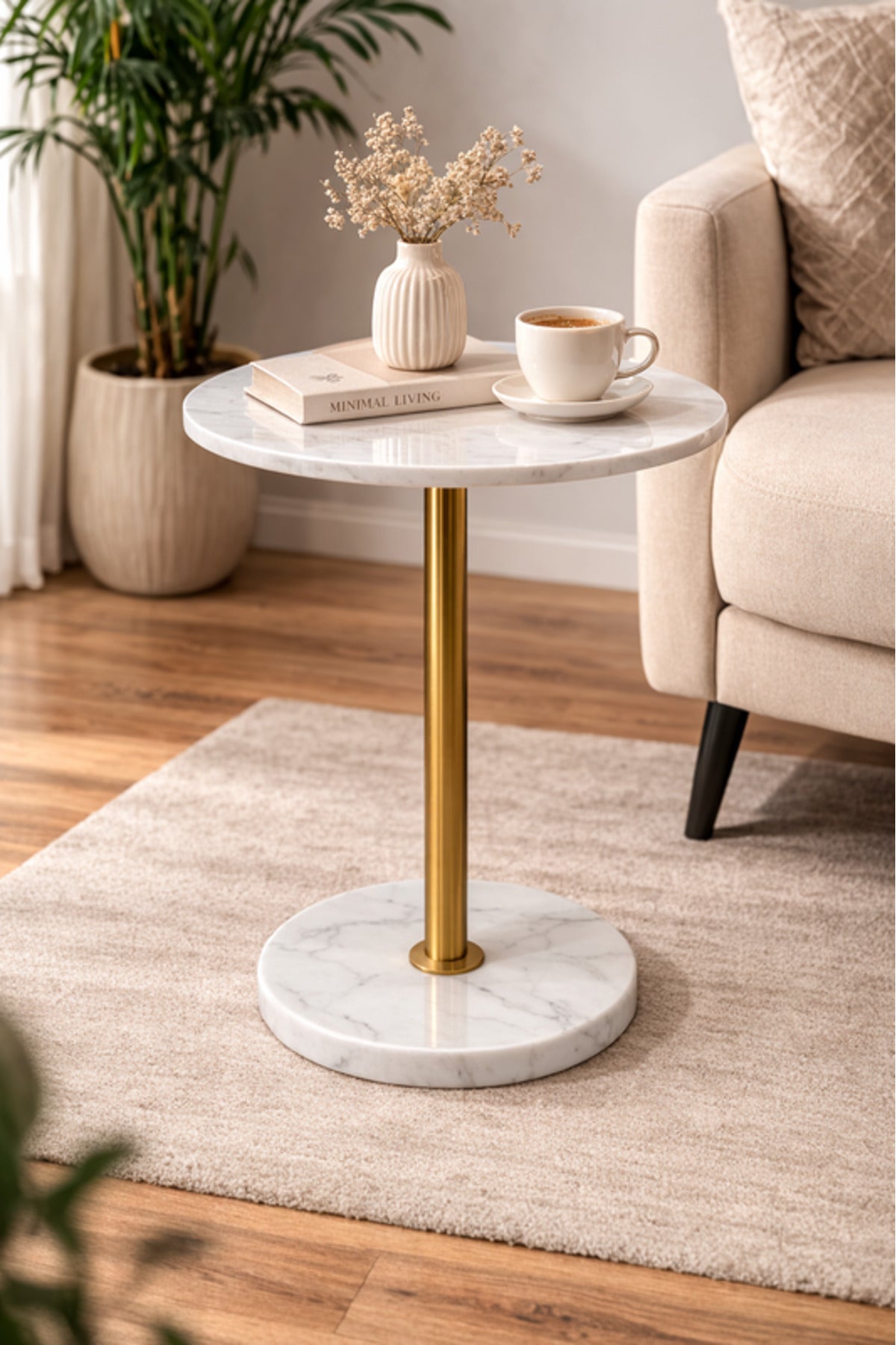 Round Marble Side Table with Gold Metal Base 35_35_56 cm Modern Accent round marble