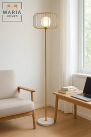 Gold Floor Lamp with Cage Shade and Marble Base