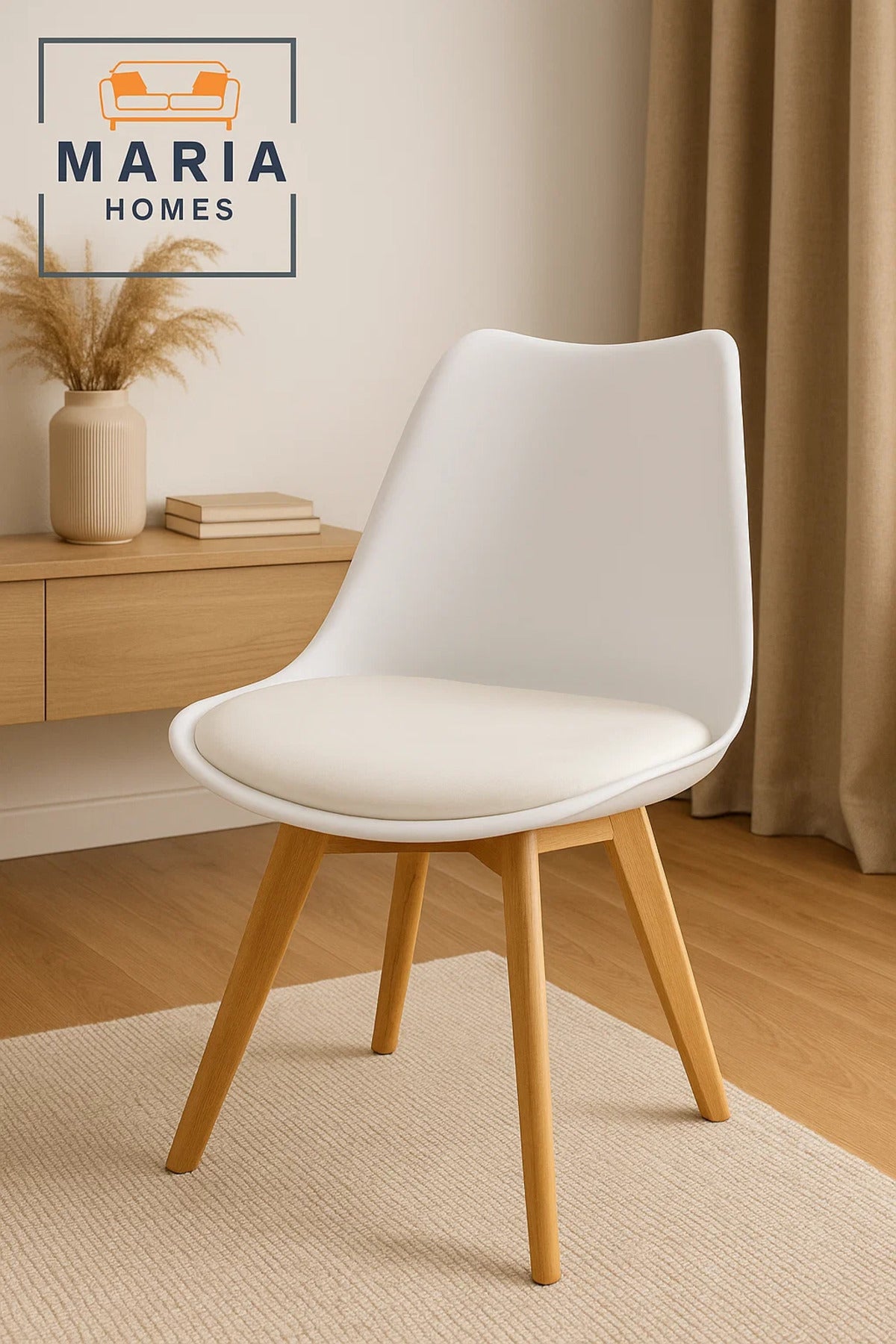 Modern White Dining Chair with Cushion Seat Ð Wooden Legs Scandinavian Style for Home or Office Use
