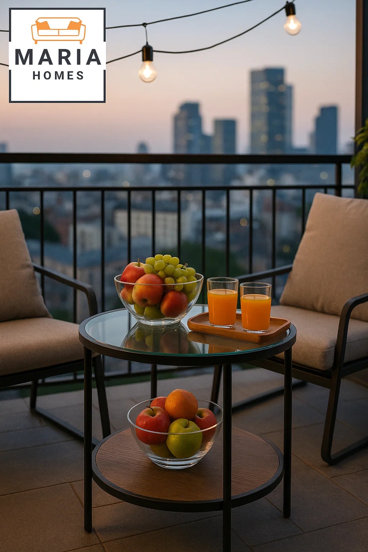 Round Glass Top Side Table with Dark Wood Shelf and Black Metal Frame