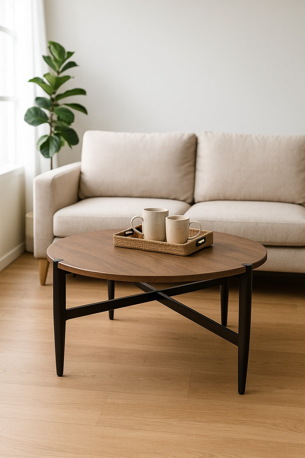 Round Brown Coffee Table with Black Metal Legs Ð Modern Wooden Center Table for Living Room 90_45 cm