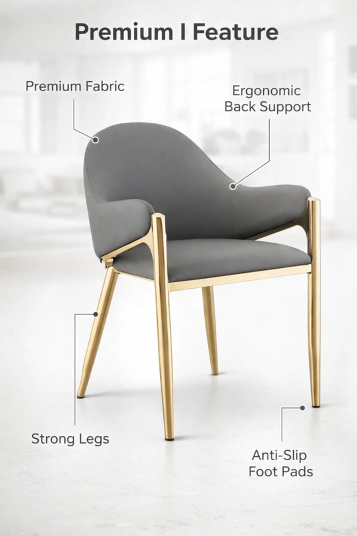 Luxury Grey Velvet Dining Chair with Gold Metal Legs & Armrests
