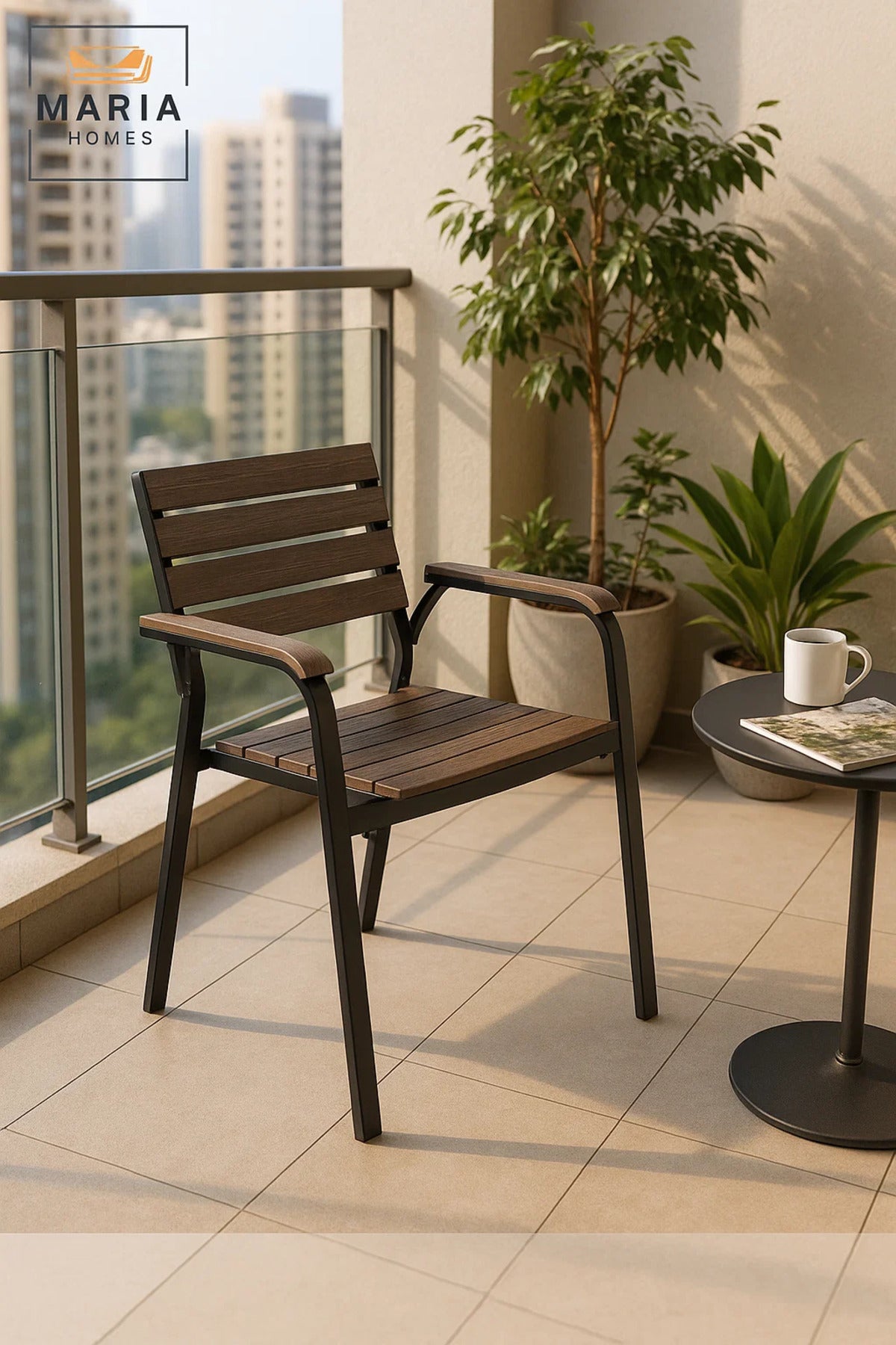 Black Coffee Outdoor Armchair Durable Metal Frame Wooden Look Garden Patio Dining Chair