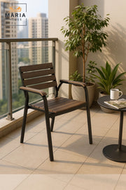 Black Coffee Outdoor Armchair Durable Metal Frame Wooden Look Garden Patio Dining Chair