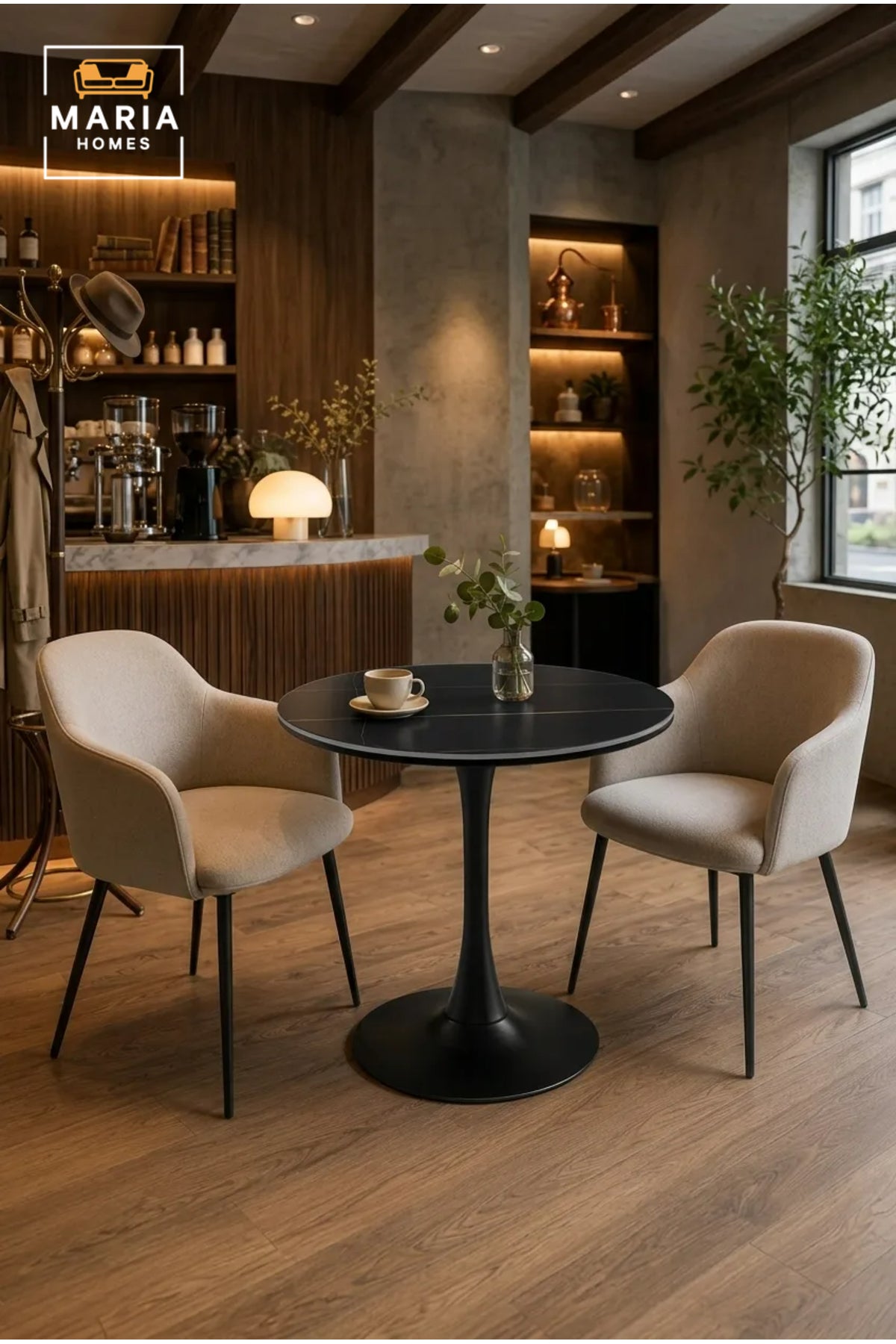 Modern Round Dining Table 70cm Black Marble-Effect Top with Black Pedestal Base √ê Contemporary Bistro & Caf≈Ω Table
