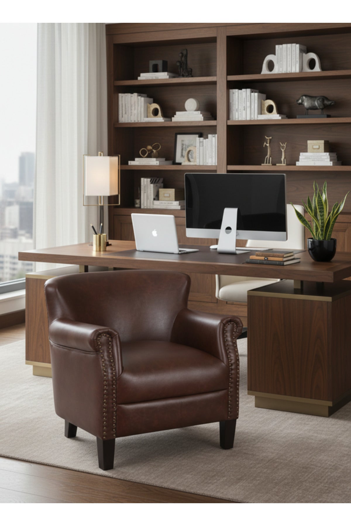 Brown Leather Accent Armchair with Nailhead Trim Ð Classic Lounge Chair
