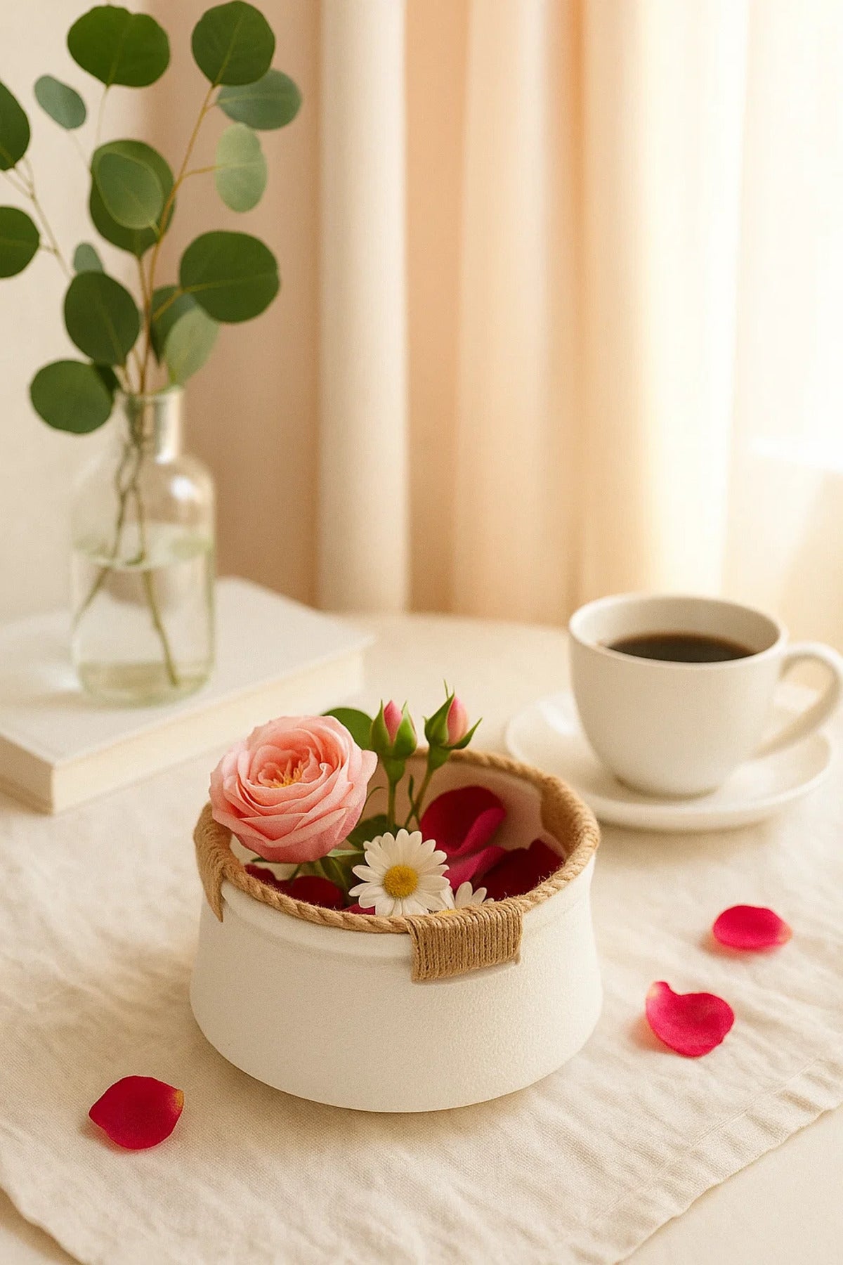 White Ceramic Rope Design Bowl Planter Ð Modern Decorative Pot with Twine for Home and Office DŽcor