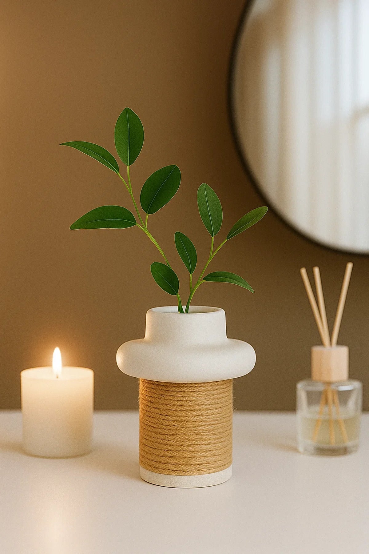 White Ceramic Rope Design Vase Ð Modern Decorative Flower Pot for Home and Office DŽcor