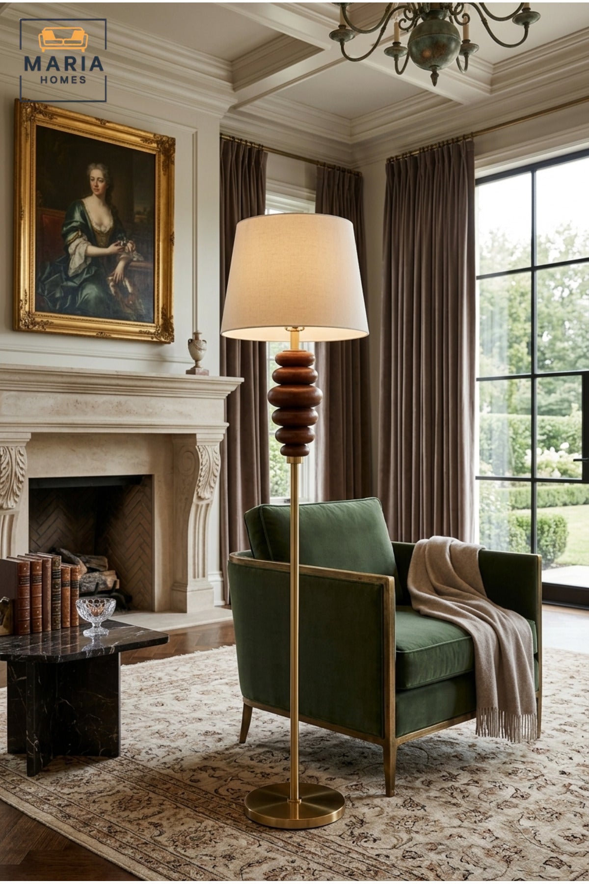 Modern Gold Floor Lamp with Sculptural Stacked Wooden Detail, Fabric Shade and Round Base Decorative Standing Light for Living Room Bedroom and Office