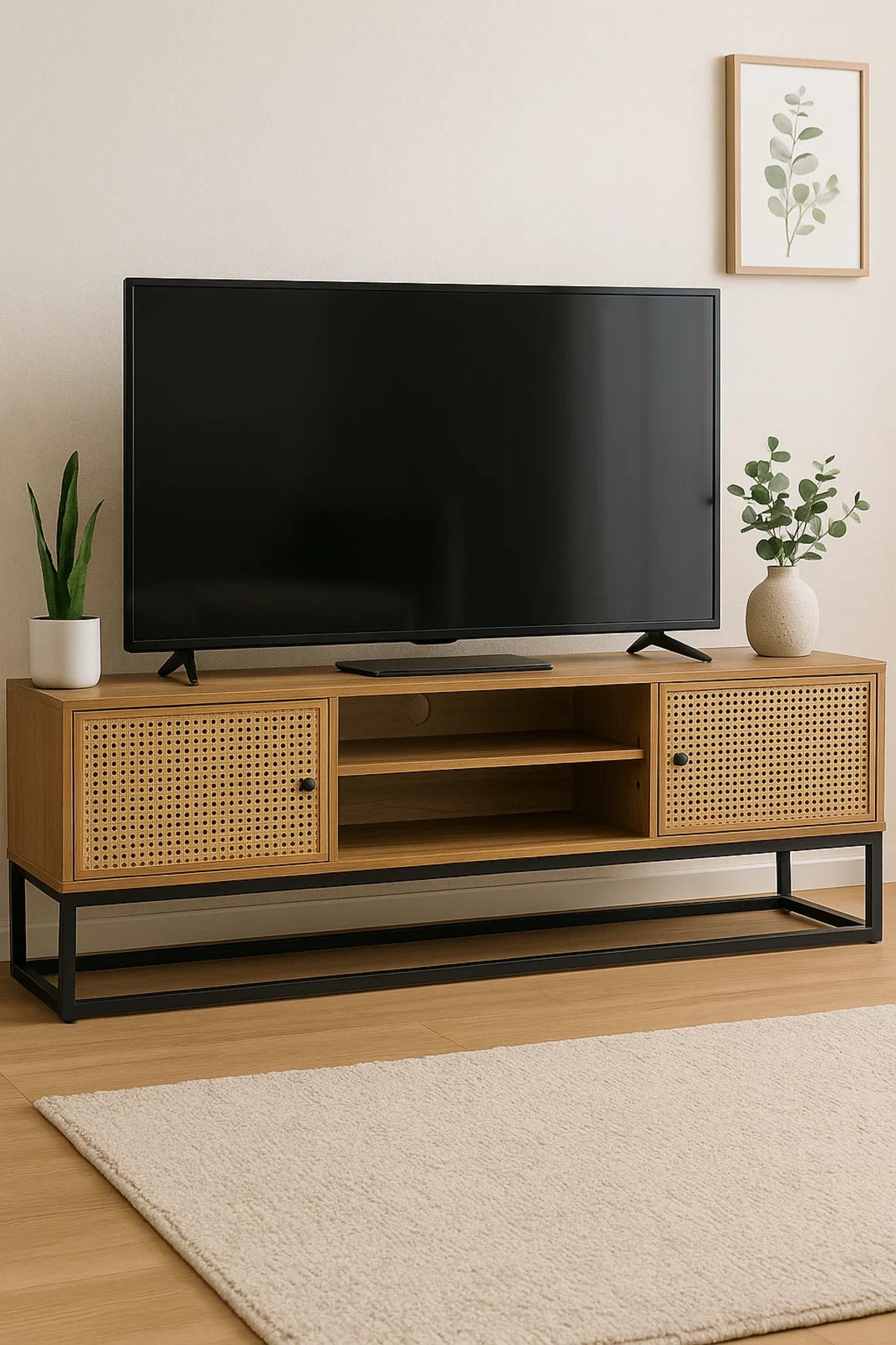 Natural Wood TV Stand with Woven Rattan Doors and Metal Frame Ð 160x39x48cm Media Console