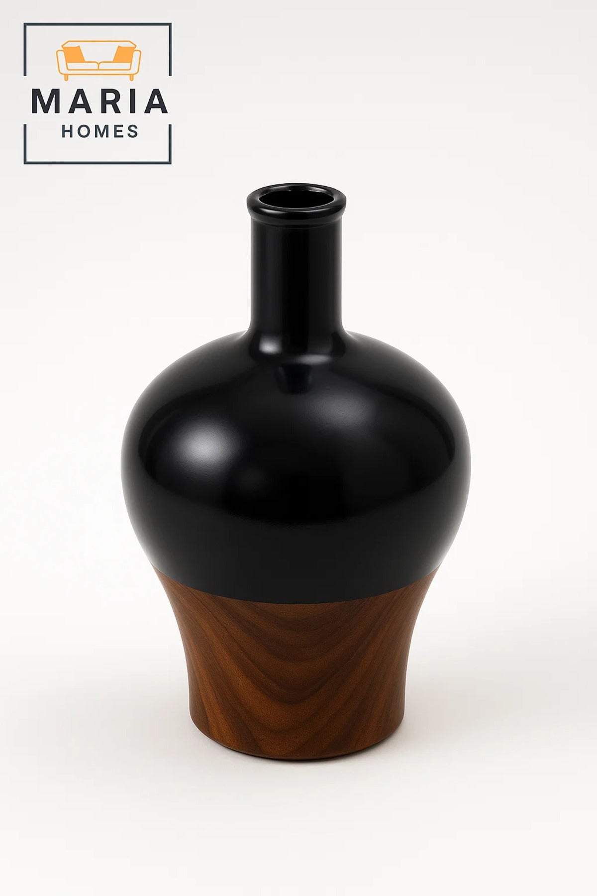 Glossy Black and Wood Finish Ceramic Vase Ð Modern Decorative Flower Pot with Bottle Shape Design