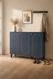 Modern Navy Blue Shoe Cabinet 3-Door Entryway Storage Organizer with Gold Trim 100x35x95cm