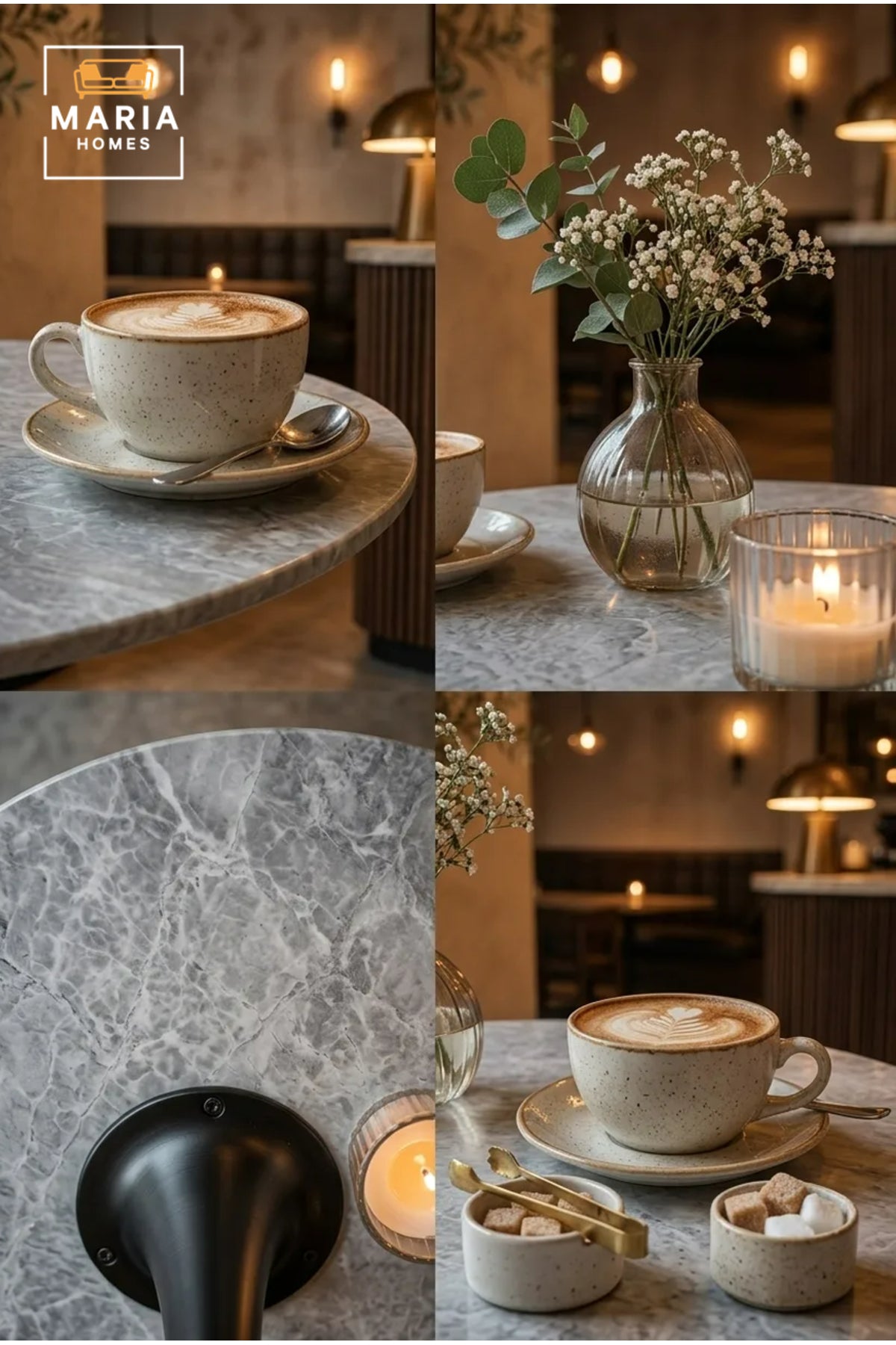 Modern Round Marble Bistro Table with Black Pedestal Base for Cafe Dining Furniture