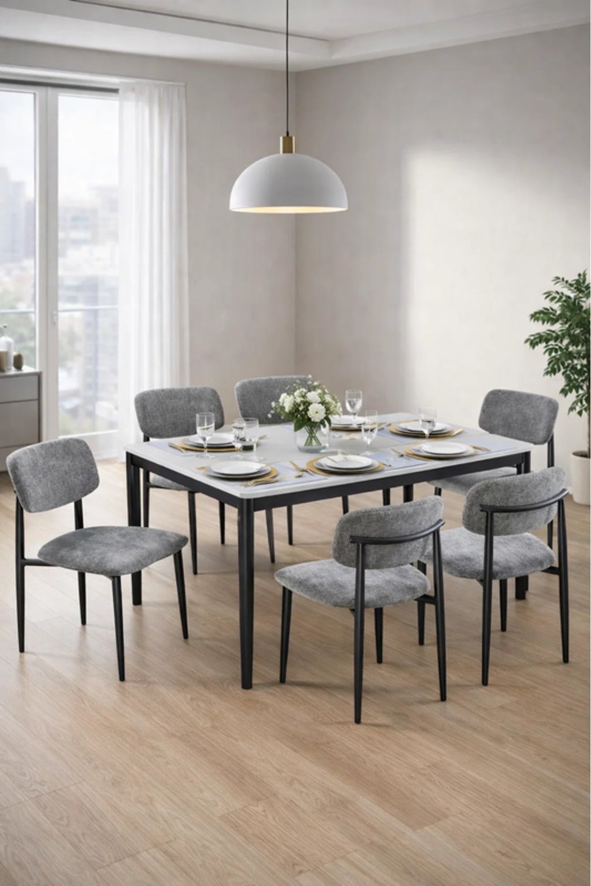 Modern Marble Top Dining Table Set with 6 Upholstered Chairs 150x90x75cm modern marble