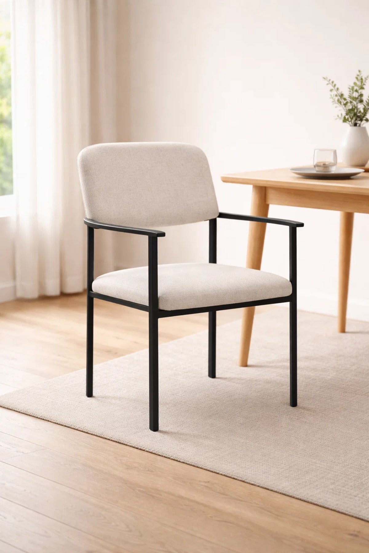 Elegant Beige Accent Chair with Black Metal Frame for Modern Living Room and Office Spaces