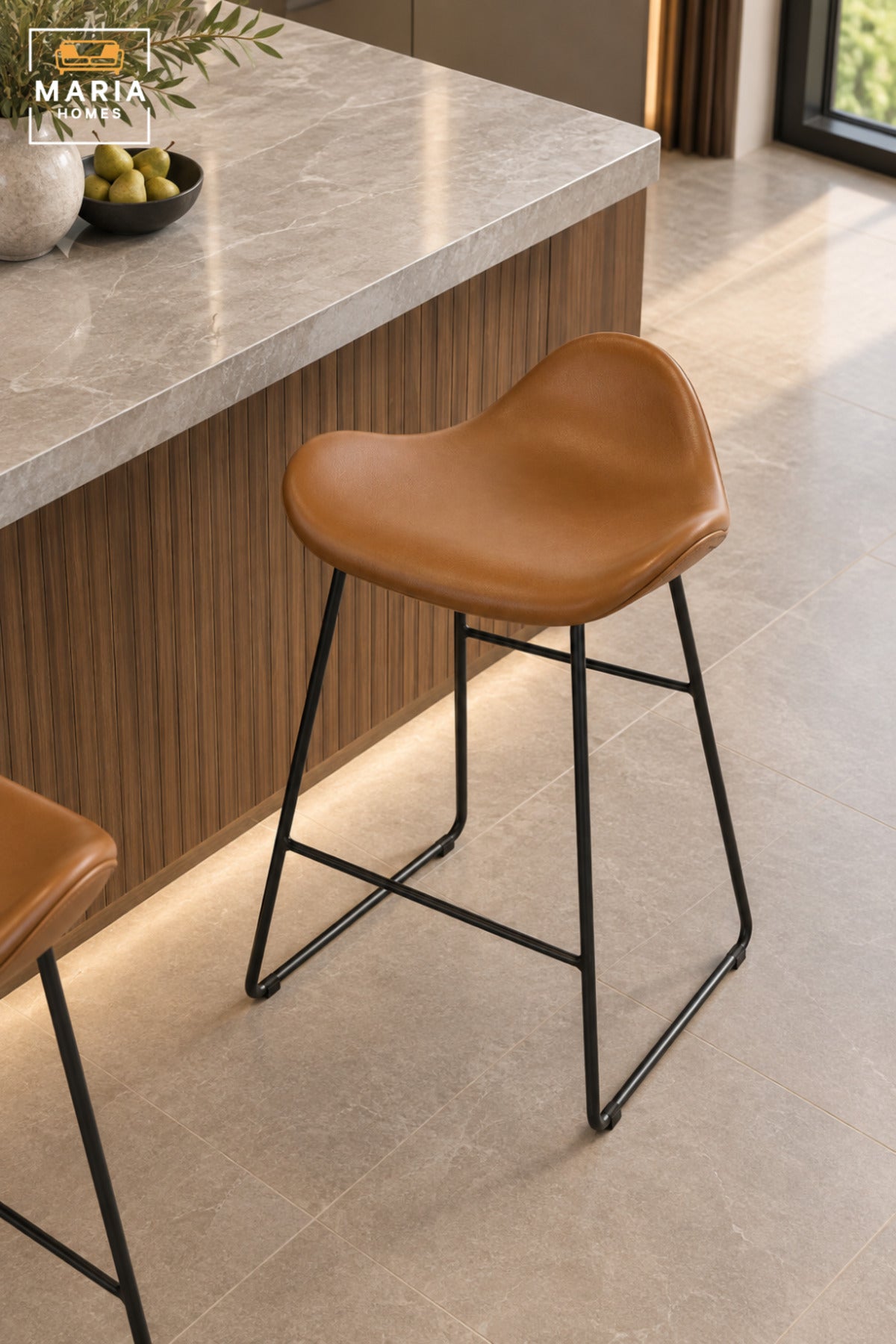 Modern High Bar Chair with Curved Padded Seat, Low Back Support & Slim Black Frame | Orange Upholstered Kitchen Counter and Café Chair 60x47x45 cm