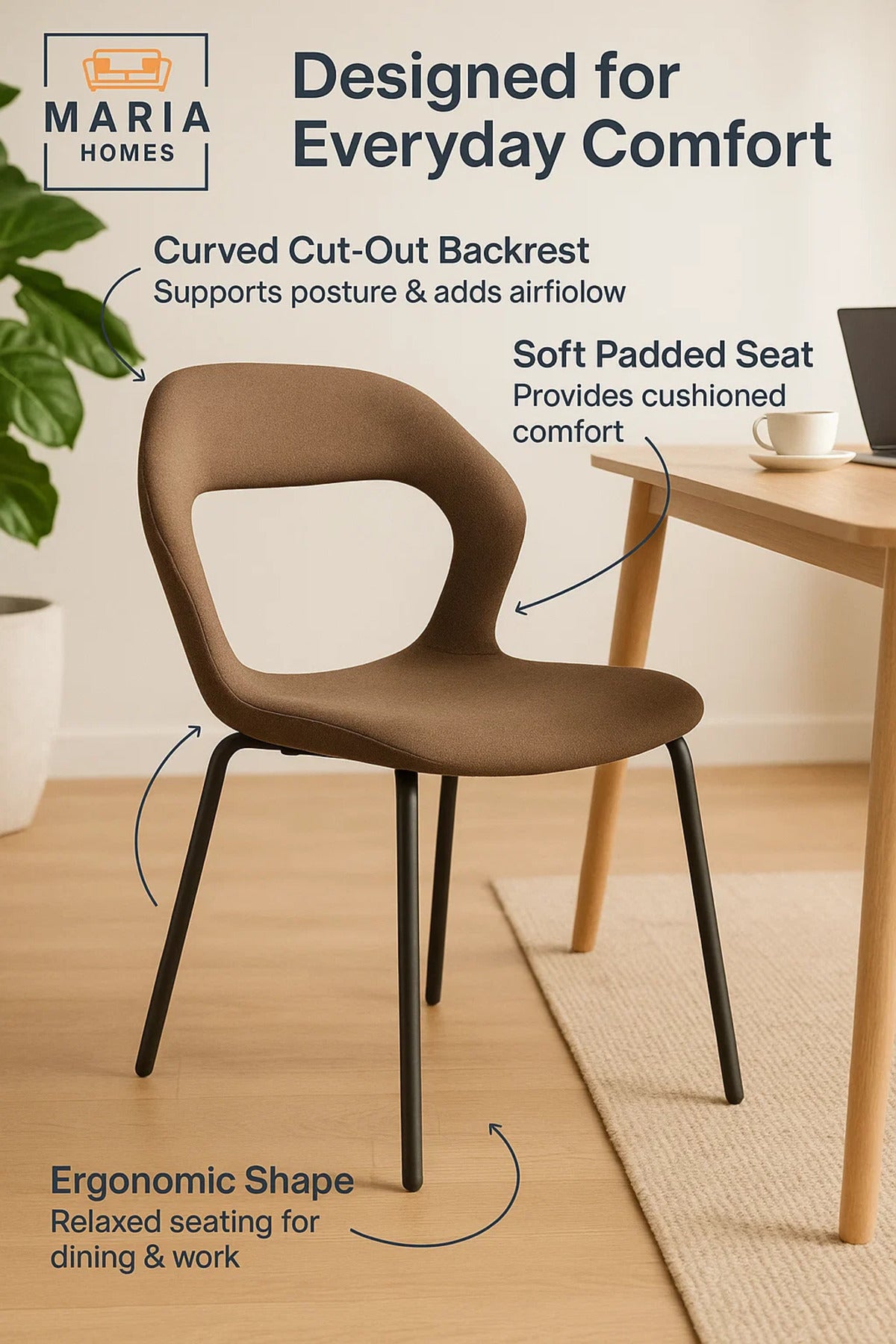 Modern Curved-Back Upholstered Dining Chair Ð Brown Fabric