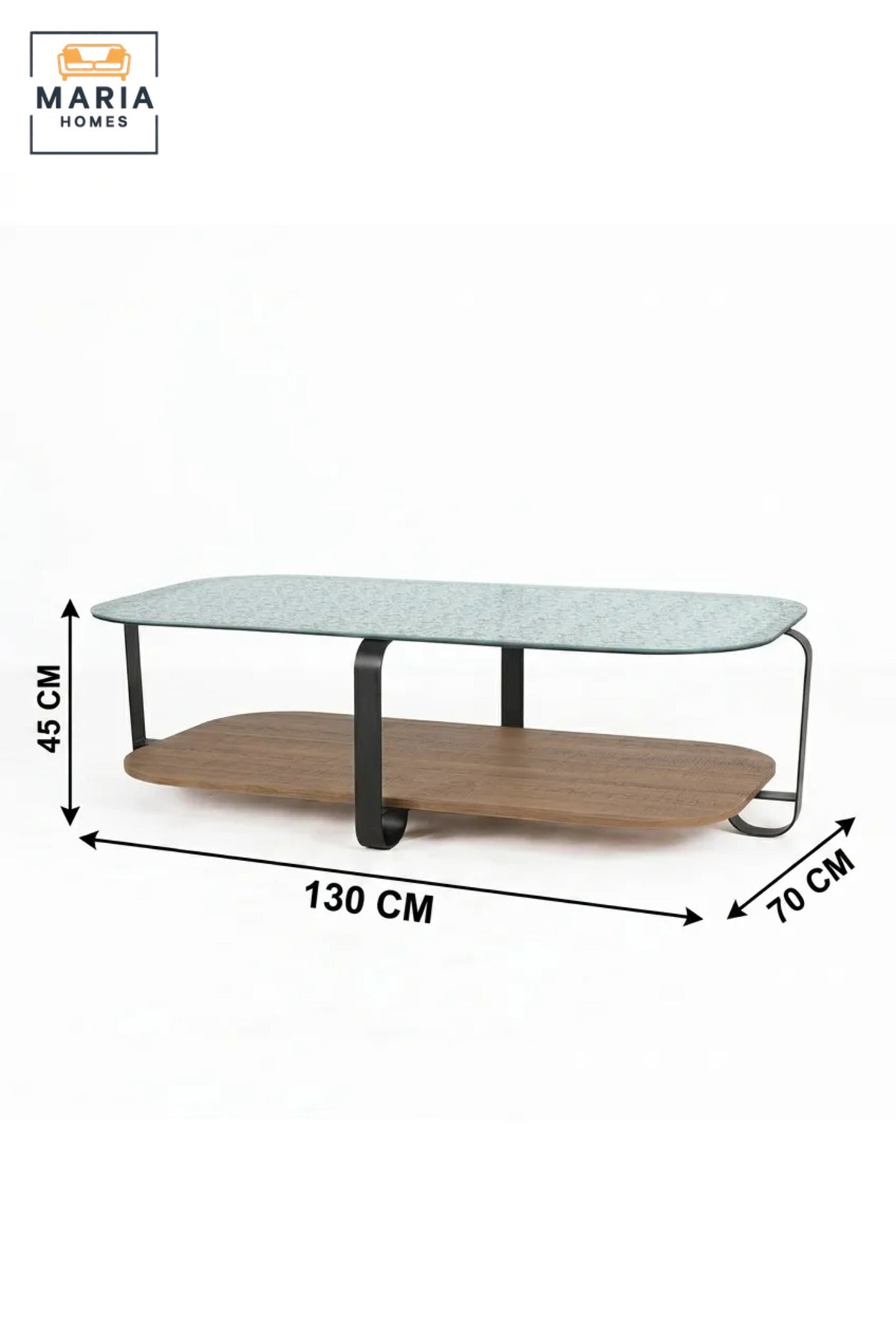 Modern Rectangular Coffee Table with Textured Glass Top, Wooden Lower Shelf and Curved Frame, Two-Level Center Table for Living Room, Lounge and Office