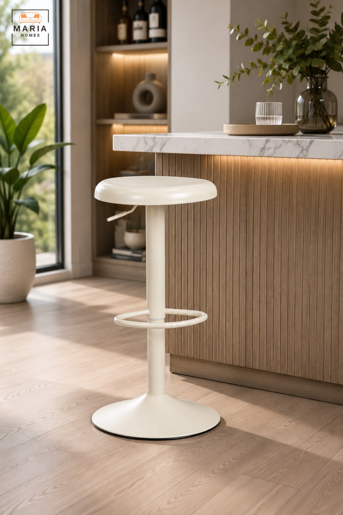 Modern White Adjustable Bar Stool with Round Padded Seat, Footrest & Pedestal Base, Contemporary Counter Stool for Kitchen Island Home Bar Café