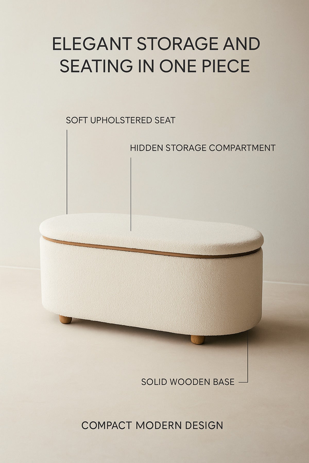 White Oval Storage Ottoman Bench with Wooden Base Ð Modern Bedroom Seat 88_35_40 cm