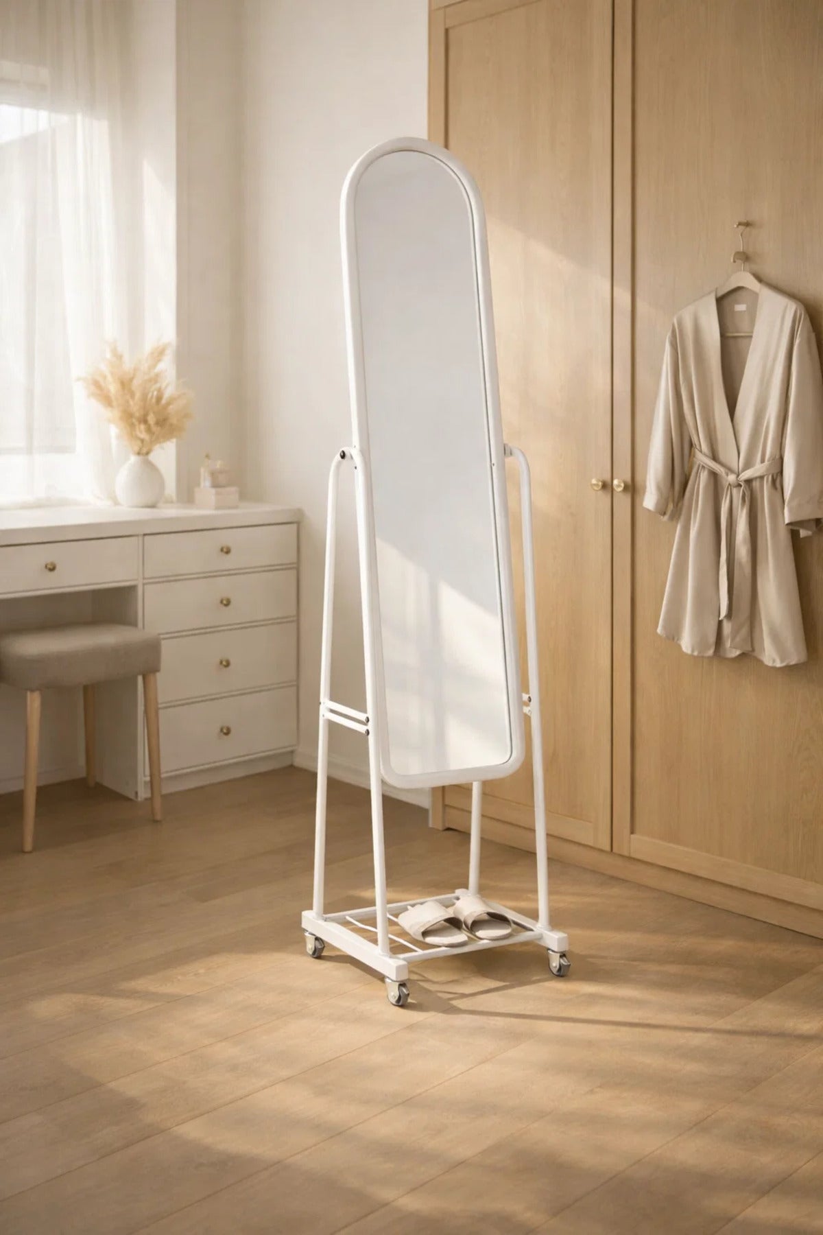Modern White Standing Floor Mirror on Wheels Adjustable Angle with Storage Rack for Bedroom Home