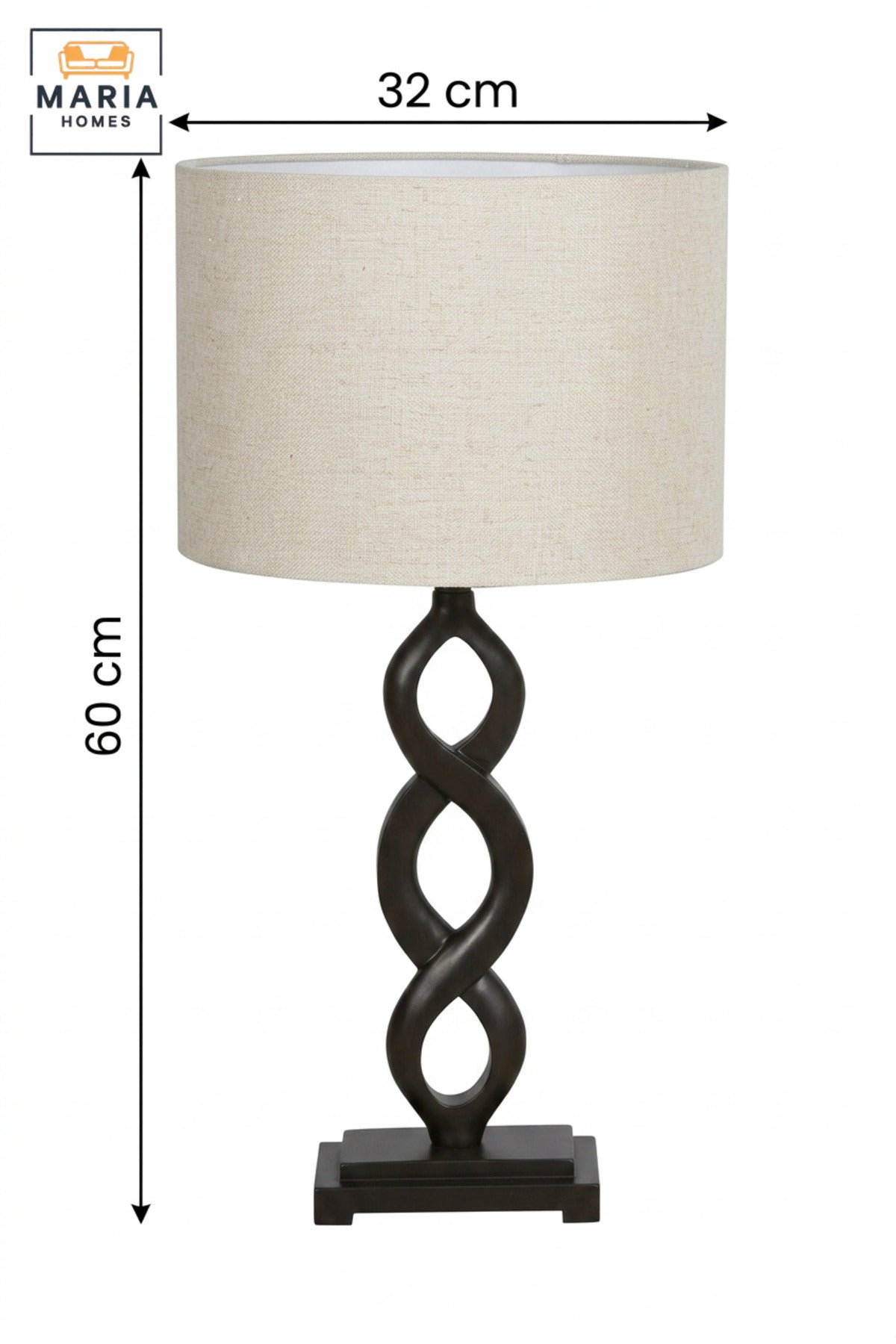 Modern Black Infinity Table Lamp with Beige Drum Fabric Shade and Sculptural Twisted Base for Bedroom, Living Room, Office, Hotel and Bedside Décor