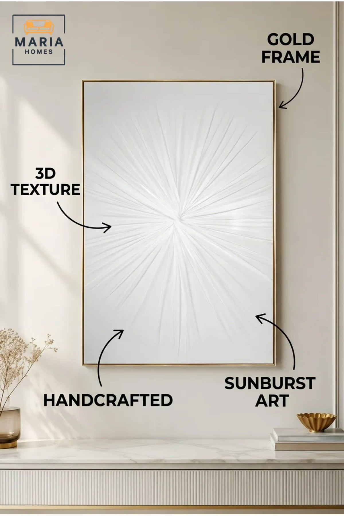White Radiating Texture Wall Art with Gold Frame √ê Modern Abstract Minimalist Statement Artwork