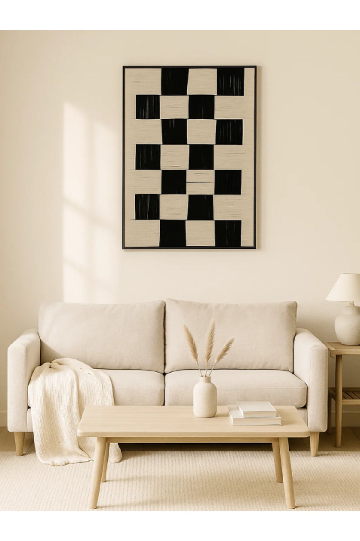 Modern Geometric Wall Art Ð 120_80 cm Beige and Black Checkered Framed Canvas DŽcor