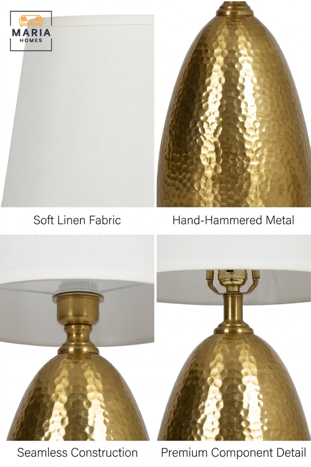 Luxury Hammered Gold Table Lamp with White Fabric Shade and Sculptural Dome Base for Bedroom, Living Room, Office, Hotel and Bedside Décor