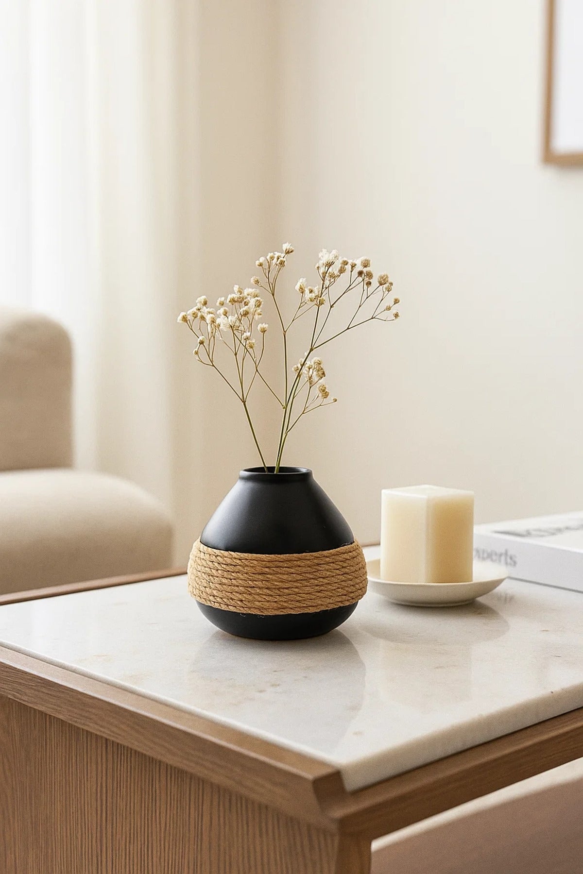 Black Ceramic Round Rope Vase H3595 Ð Modern Decorative Flower Pot for Home and Office DŽcor