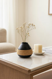 Black Ceramic Round Rope Vase H3595 Ð Modern Decorative Flower Pot for Home and Office DŽcor