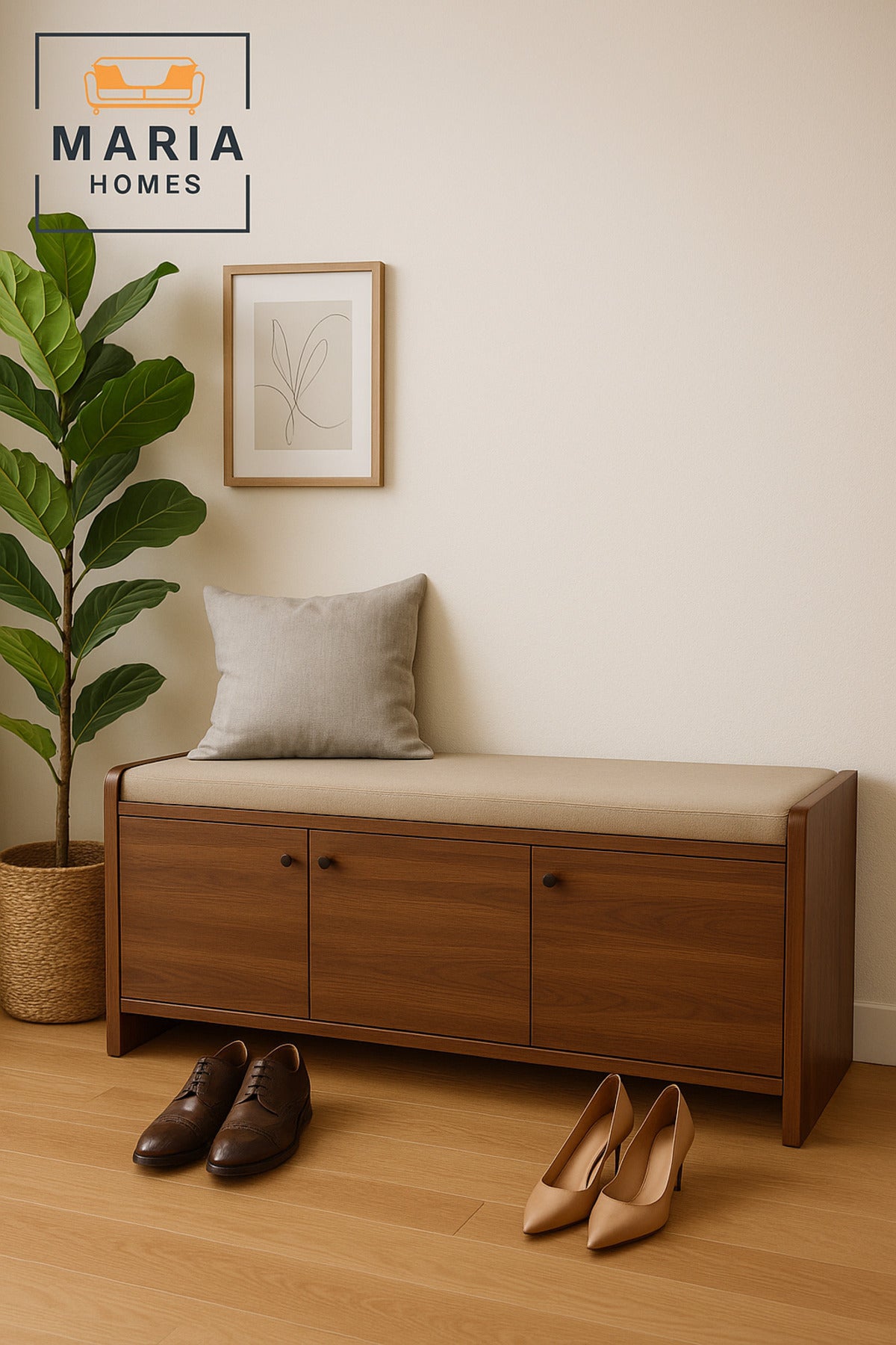 Brown Wooden Storage Bench with Cushion Seat Ð Entryway Shoe Cabinet (120_40_52 cm)