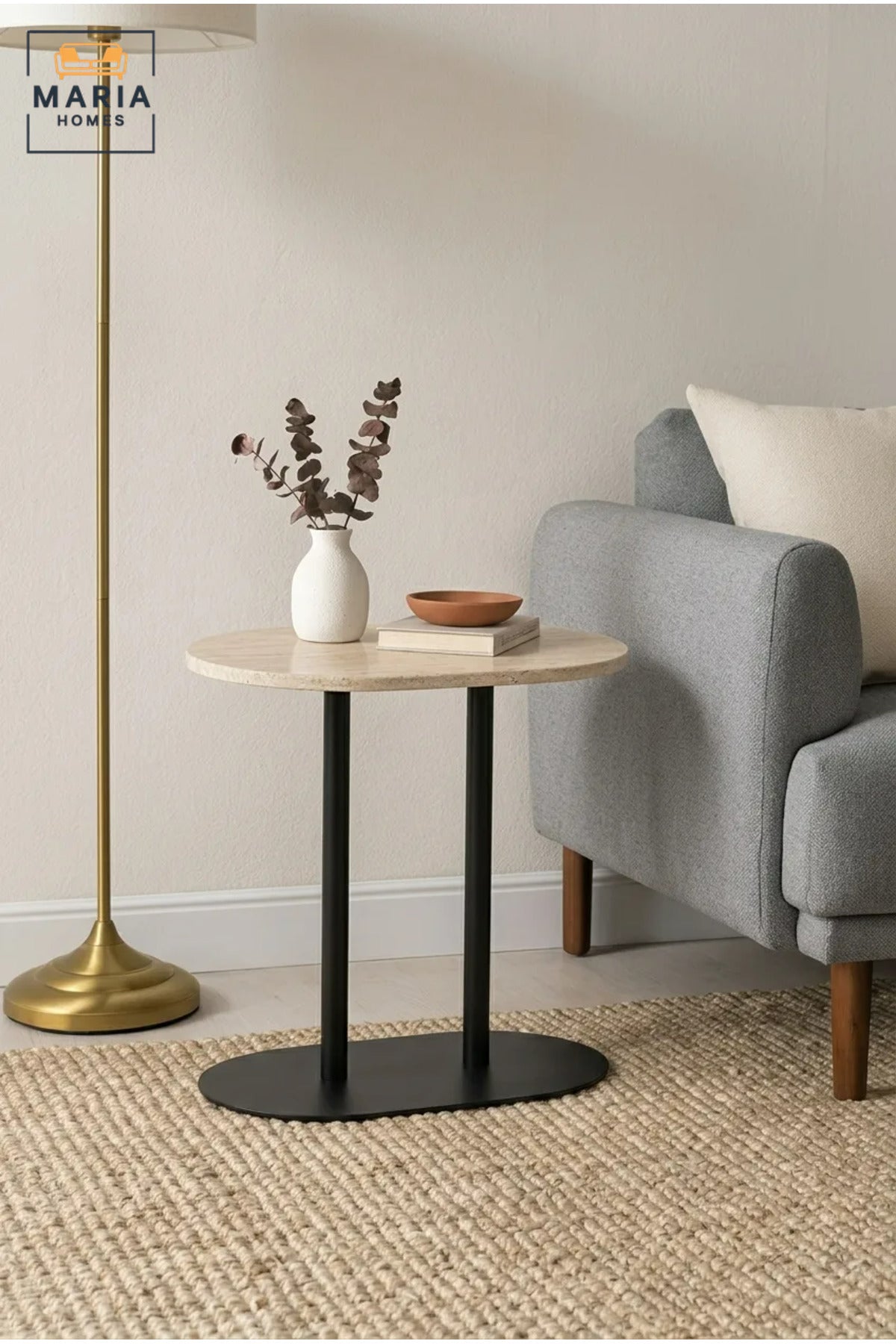 Modern Round Side Table with Marble-Effect Top & Pedestal Base, Contemporary End Table for Living Room, Bedroom, Office & Lounge