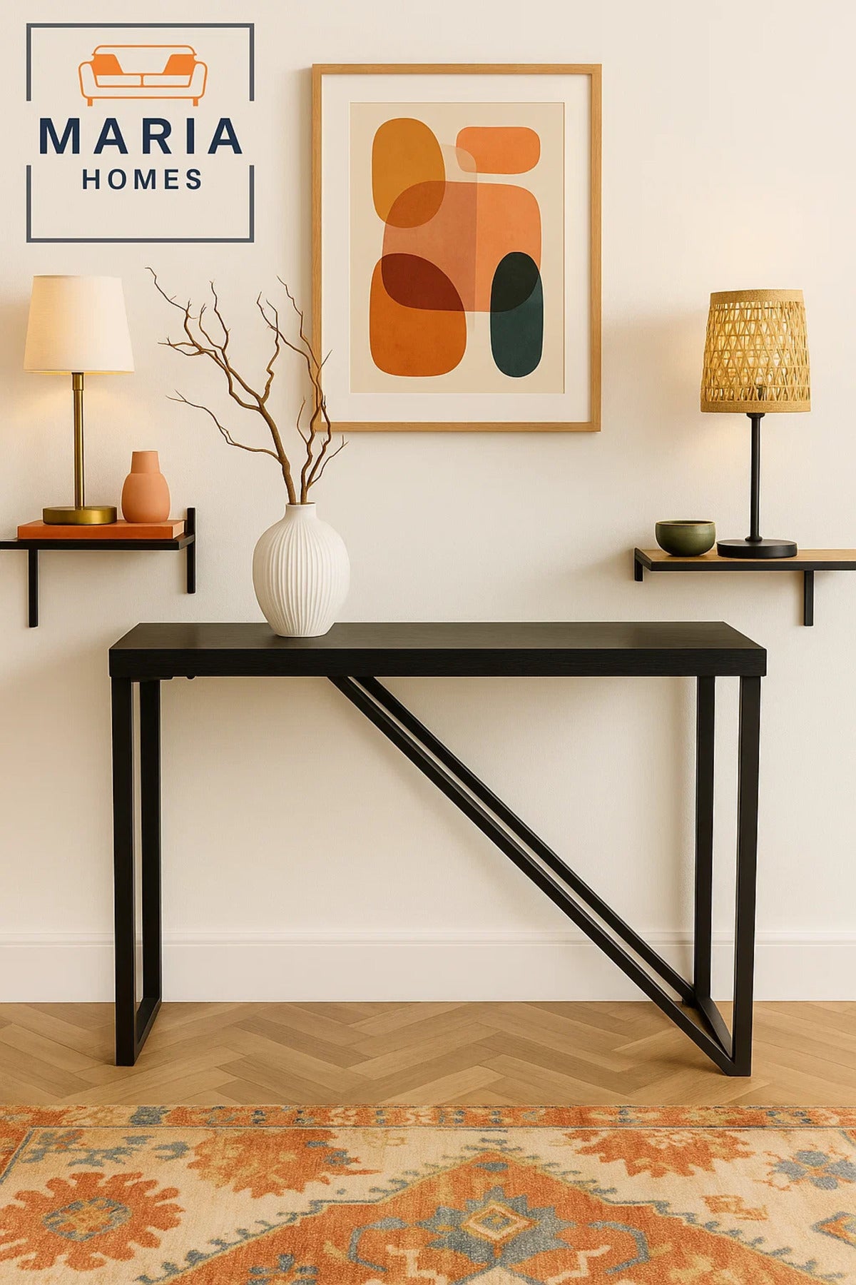 Modern Black Console Table 120x40x77cm Ð Minimalist Design with Diagonal Metal Support Frame