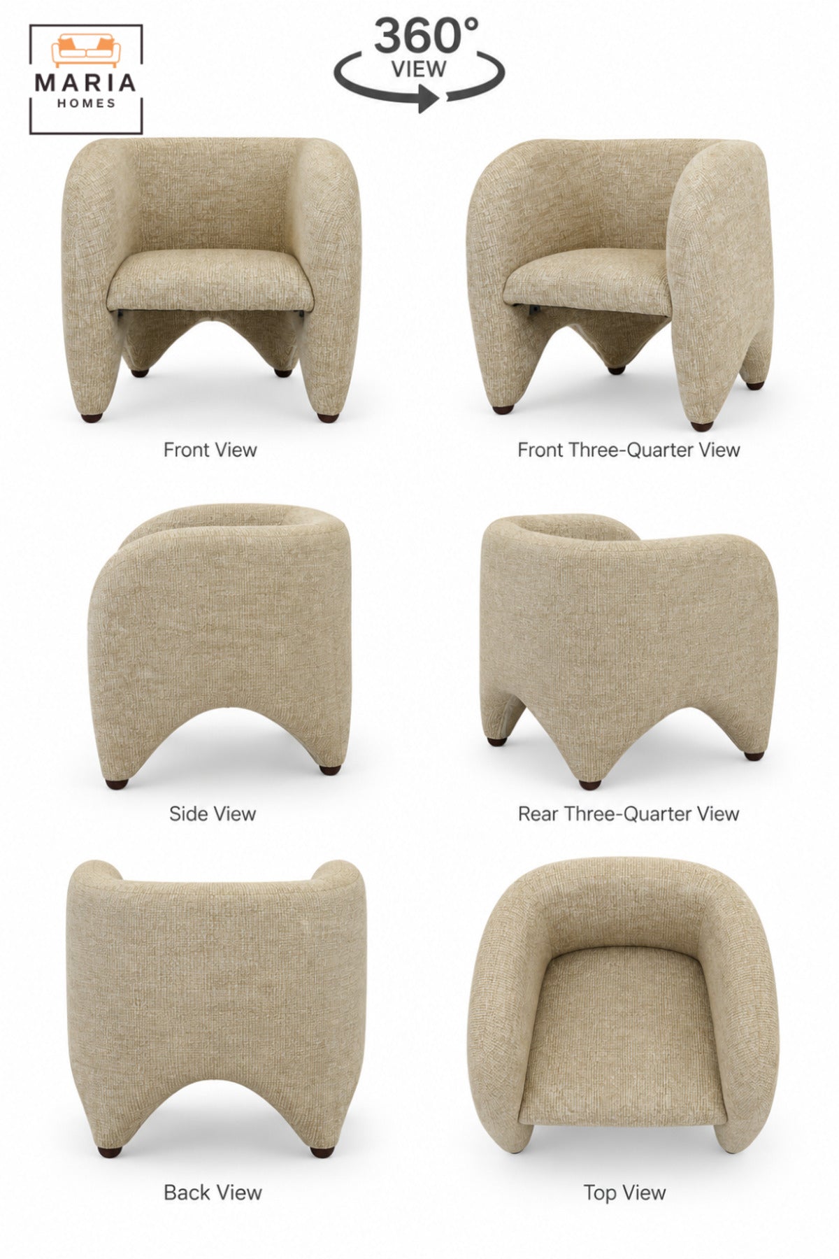 Modern Beige Upholstered Accent Chair with Curved Backrest, Padded Seat and Sculptural Design for Living Room, Bedroom, Lounge & Reception