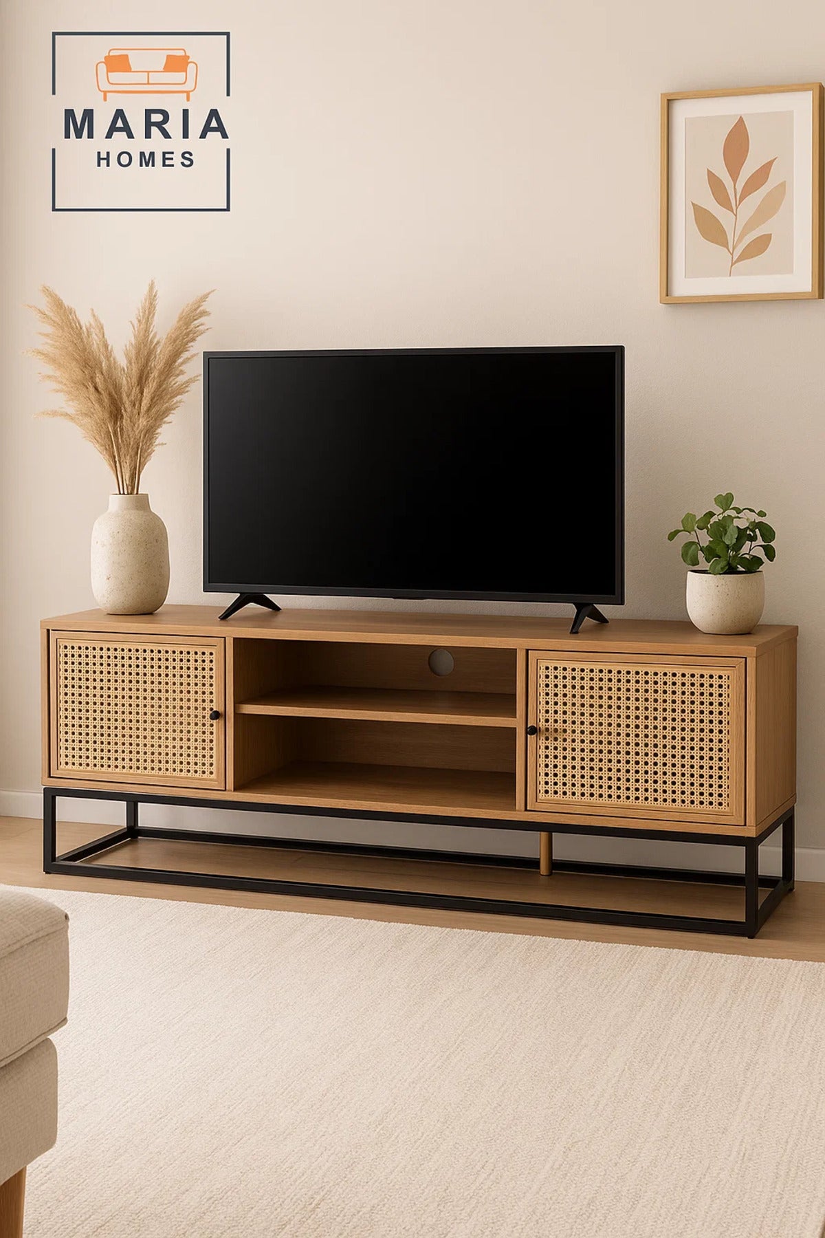 Natural Wood TV Console with Rattan Doors and Black Metal Base Ð 140x39x48 cm