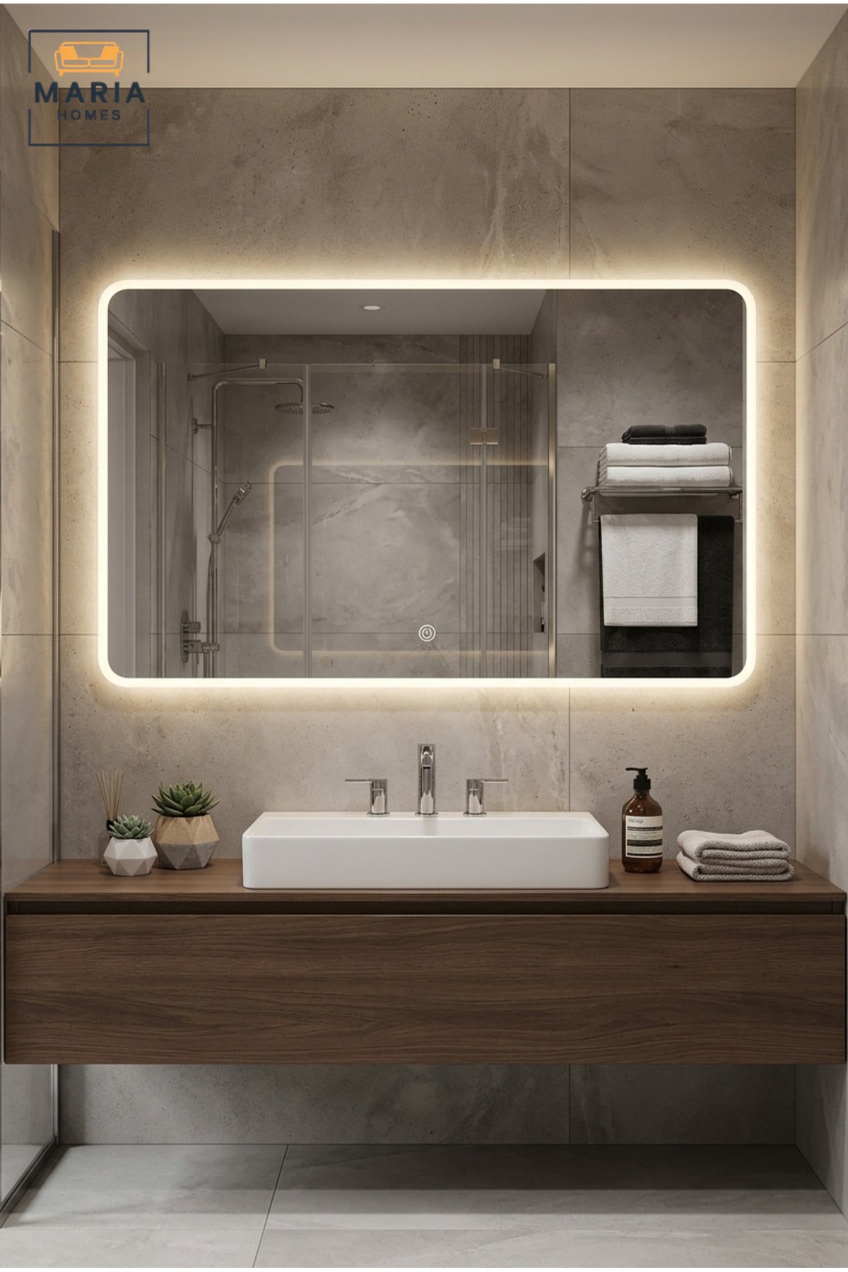 Frameless Rectangular LED Wall Mirror 120 × 60 cm with Touch Sensor, Rounded Corners and Backlit Lighting for Bathroom, Bedroom, Dressing Area and Vanity