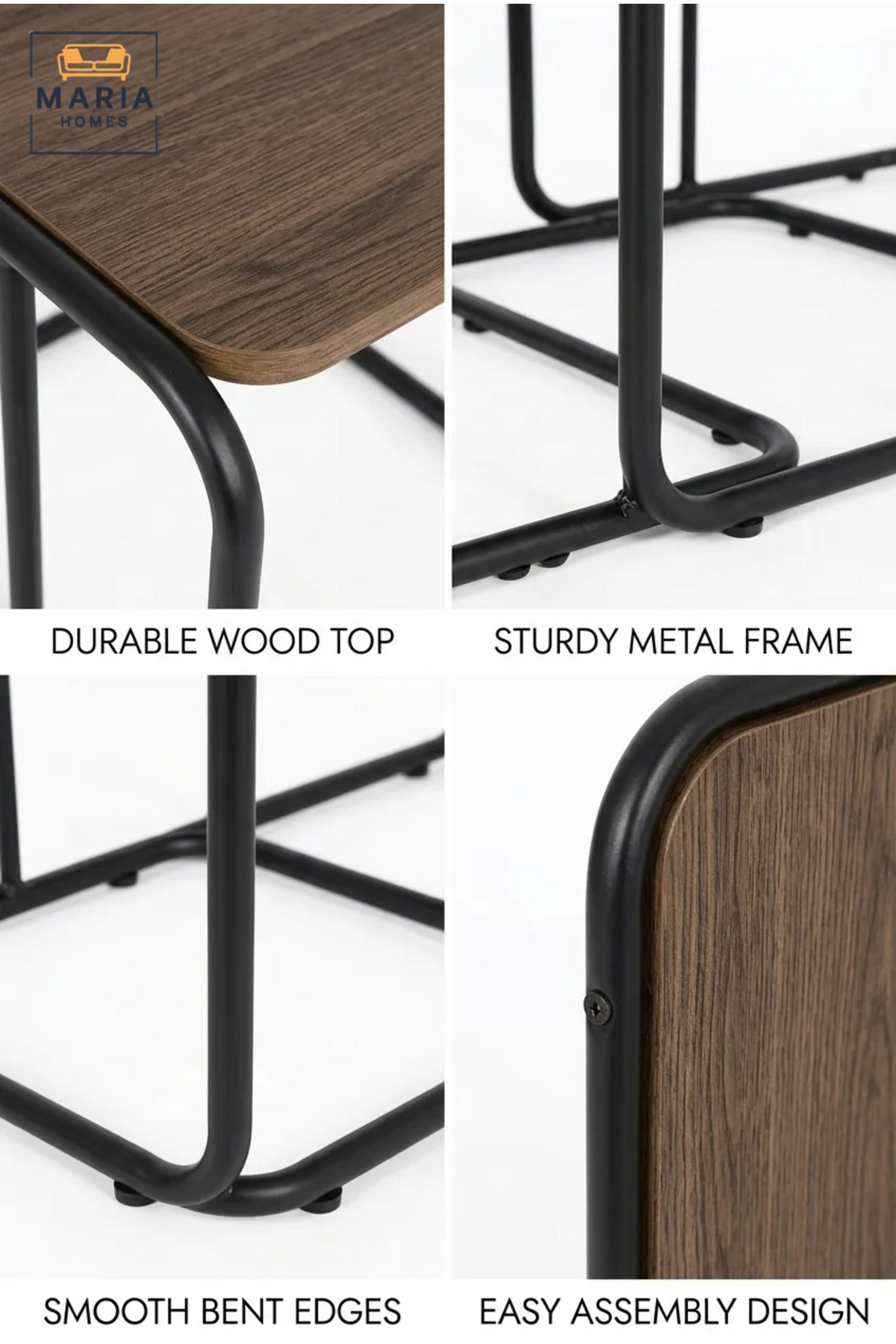 Set of 3 Nesting Side Tables with Wooden Tops and Metal Frames, Space-Saving End Tables for Living Room, Bedroom, Lounge and Office