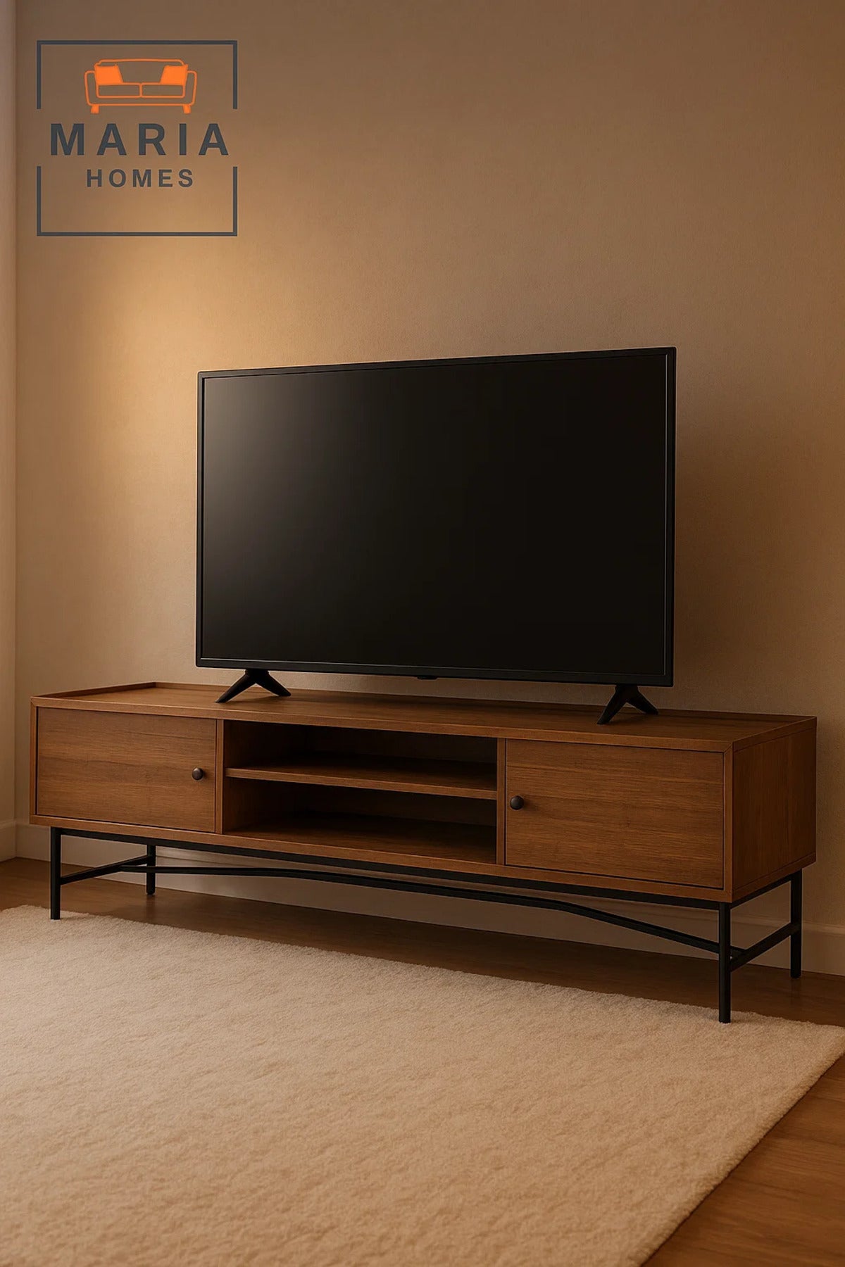 Large Industrial TV Stand in Brown Wood with Metal Base Ð 200x40x50 cm Media Console