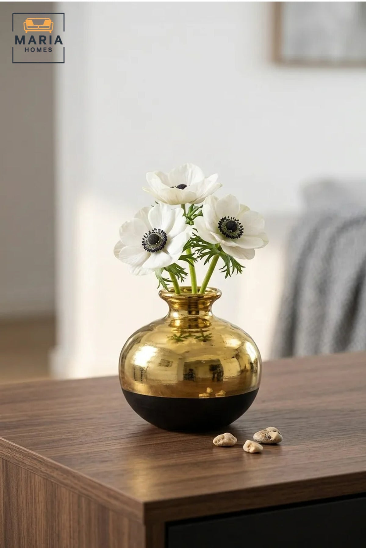 Modern Decorative Flower Vase with Gold-Tone Finish, Rounded Body and Contrasting Base for Living Room, Bedroom, Office, Shelf and Console Décor