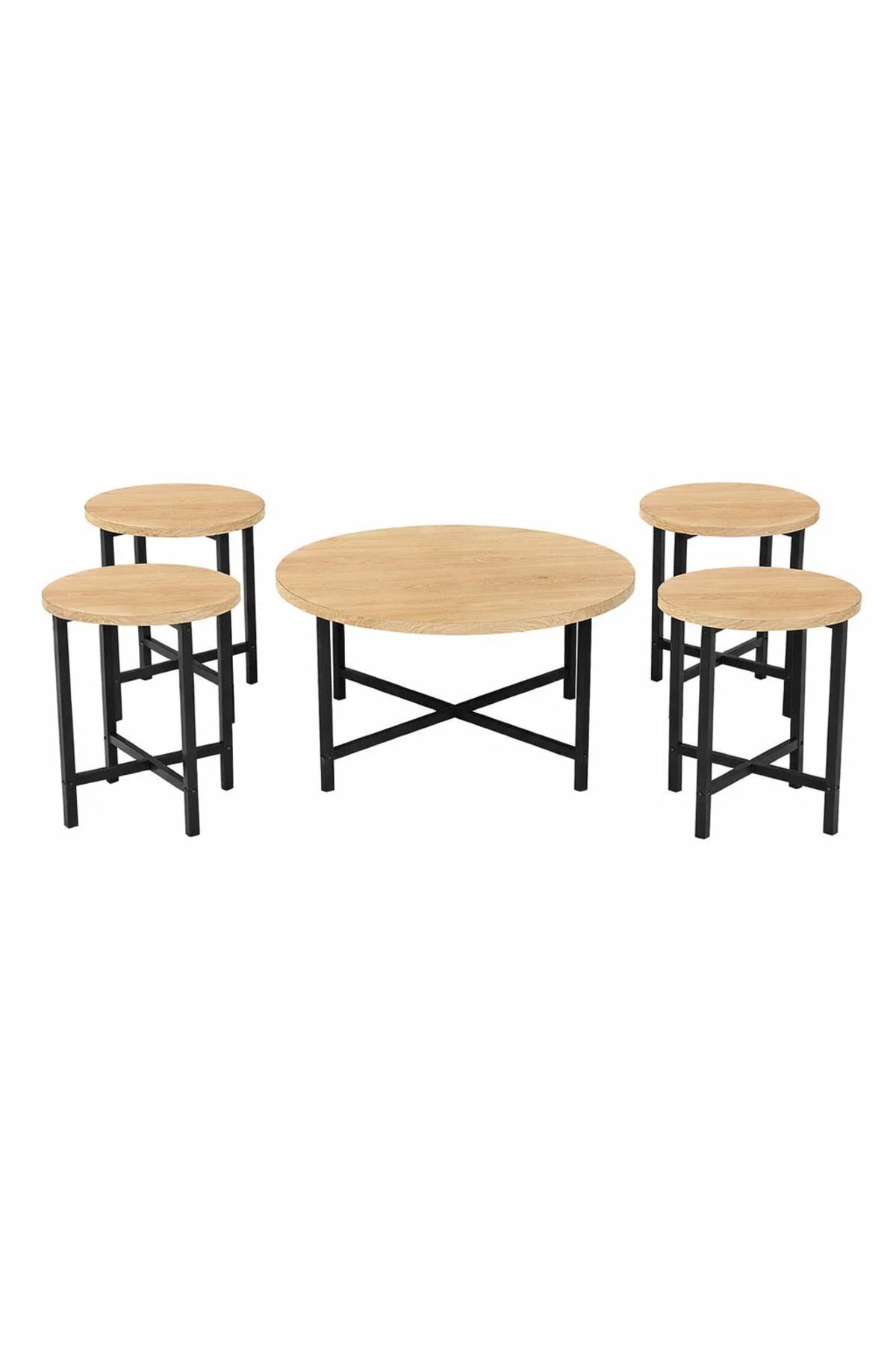 Industrial Round Coffee Table Set 1+4 Wooden Top Metal Legs Nesting Furniture for Modern Home