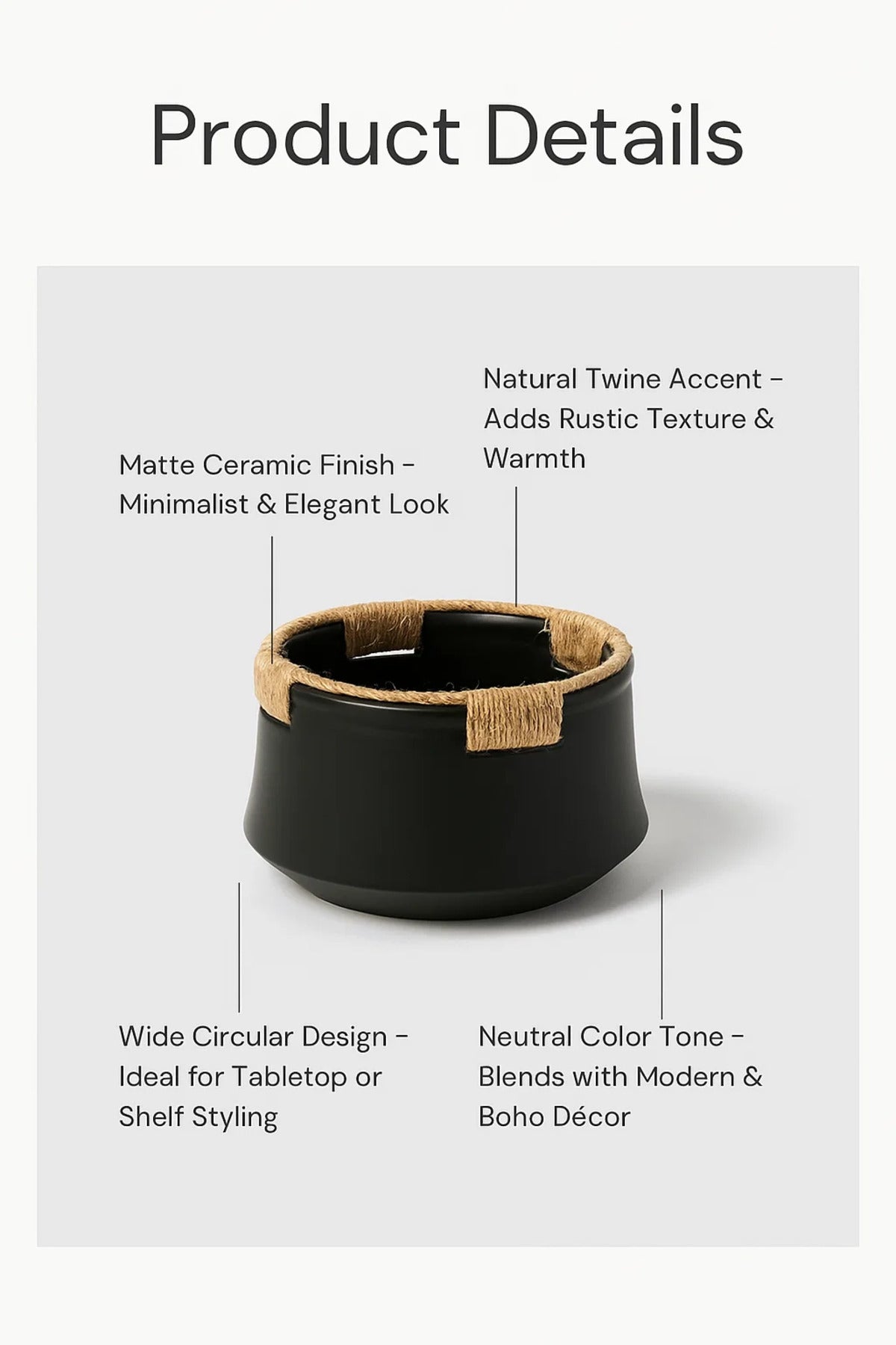 Black Ceramic Rope Rim Planter Ð Modern Decorative Bowl Pot with Twine for Home and Office DŽcor