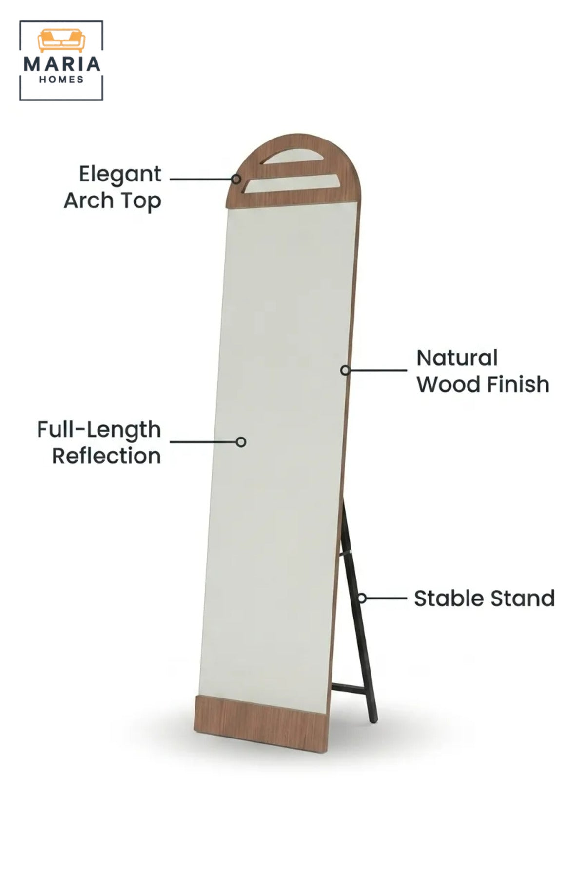 Modern Full Length Floor Mirror with Arched Wooden Frame and Freestanding Support, Dressing Mirror for Bedroom, Entryway, Wardrobe, Salon and Boutique