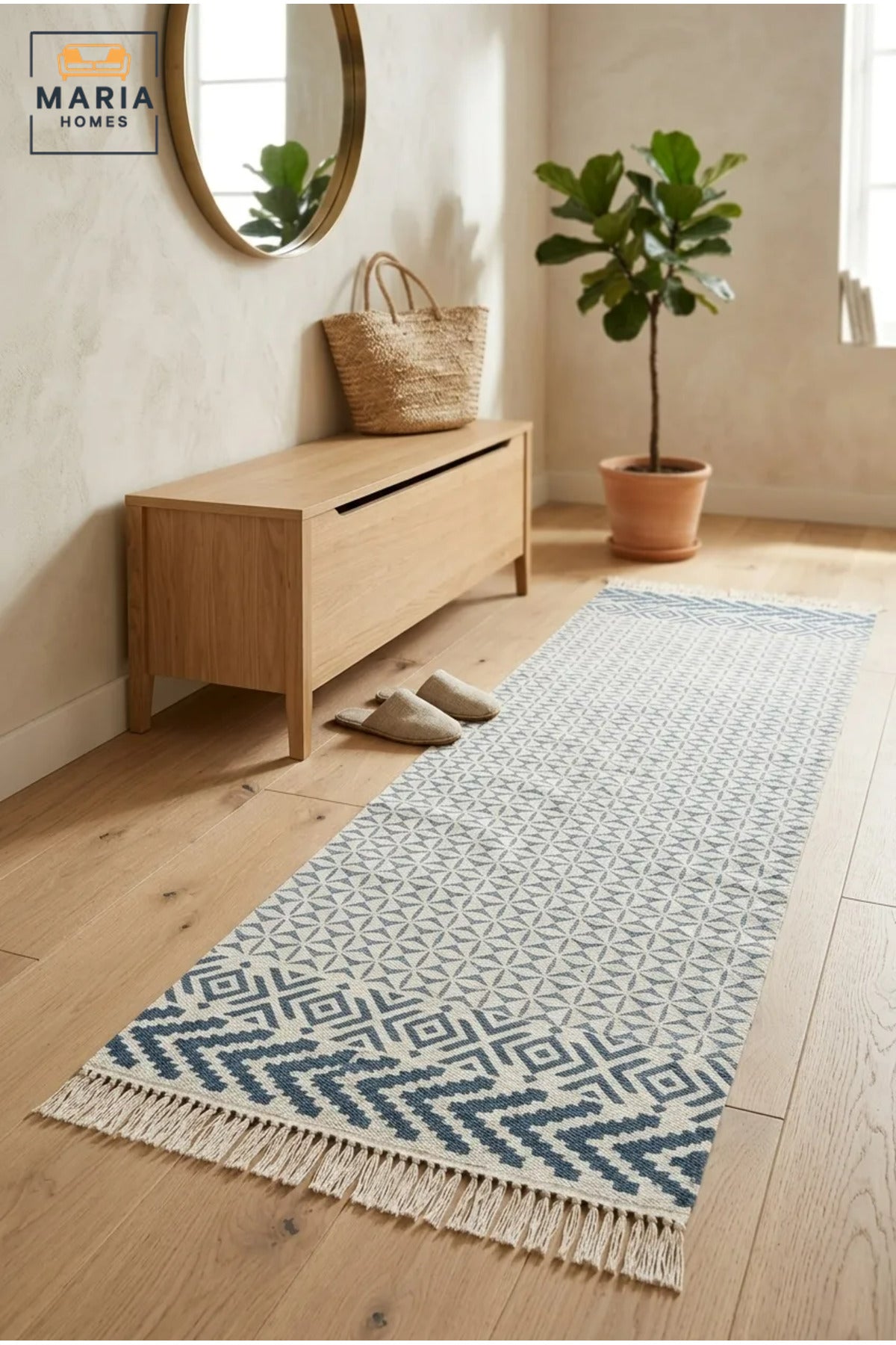 Geometric Runner Rug with Fringed Edges, Long Decorative Floor Carpet for Hallway, Bedroom, Living Room, Entryway, Kitchen and Bedside Area