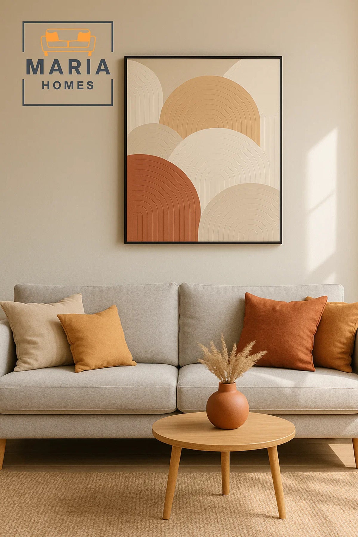 Framed Abstract Wall Art Ð Layered Arched Shapes in Earth Tones and Size 120*80 cm
