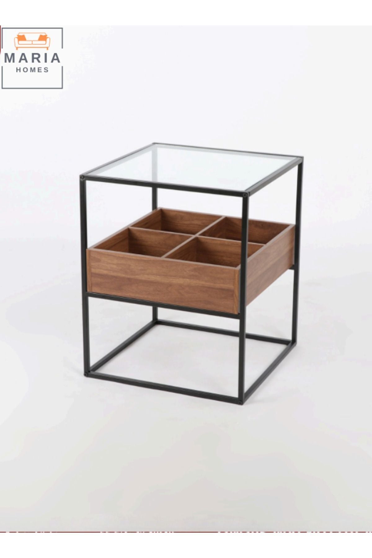 Modern Walnut & Black Frame Coffee Table with Glass Top 40x40x55 CM