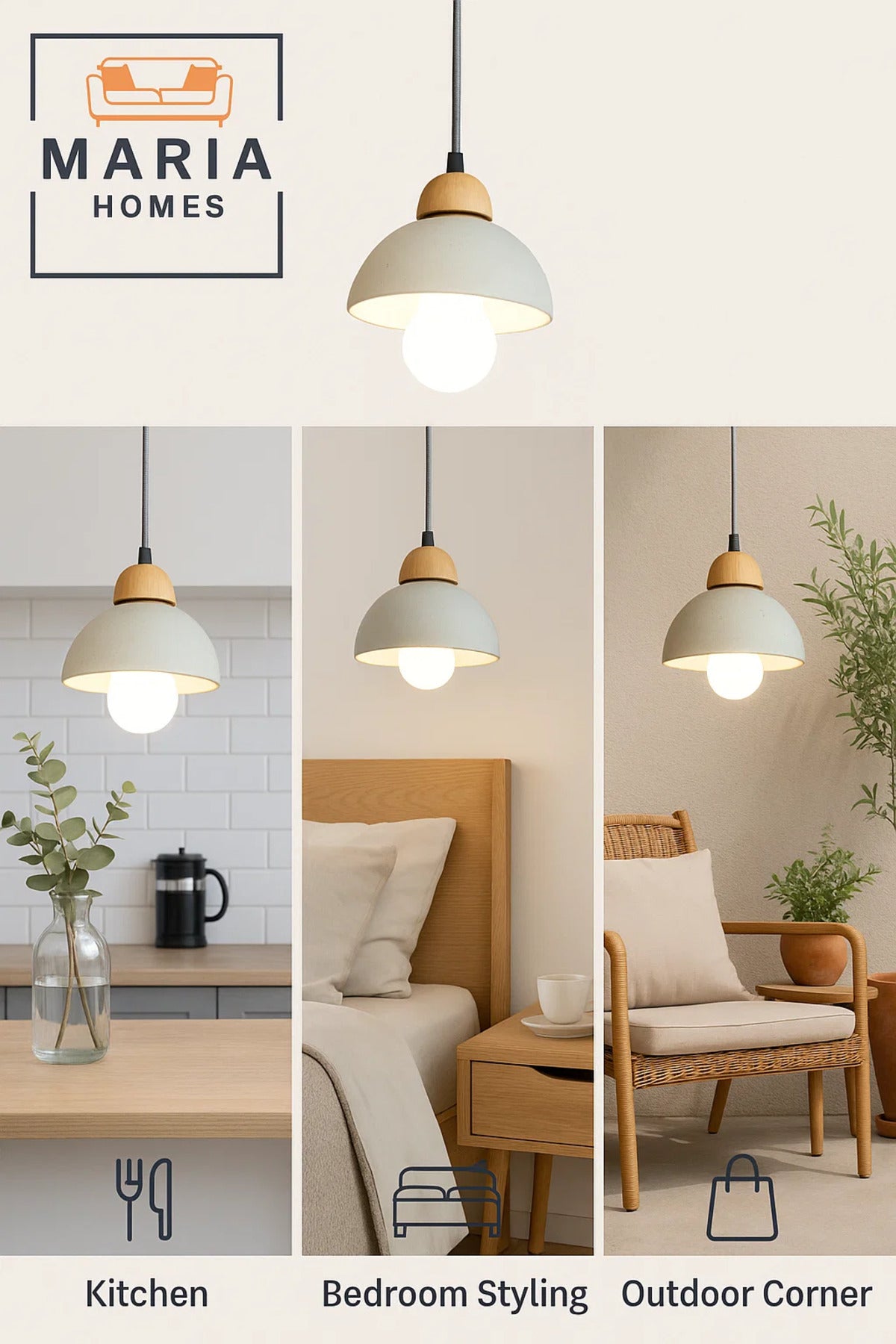 Compact White Dome Pendant Light with Wood Accent