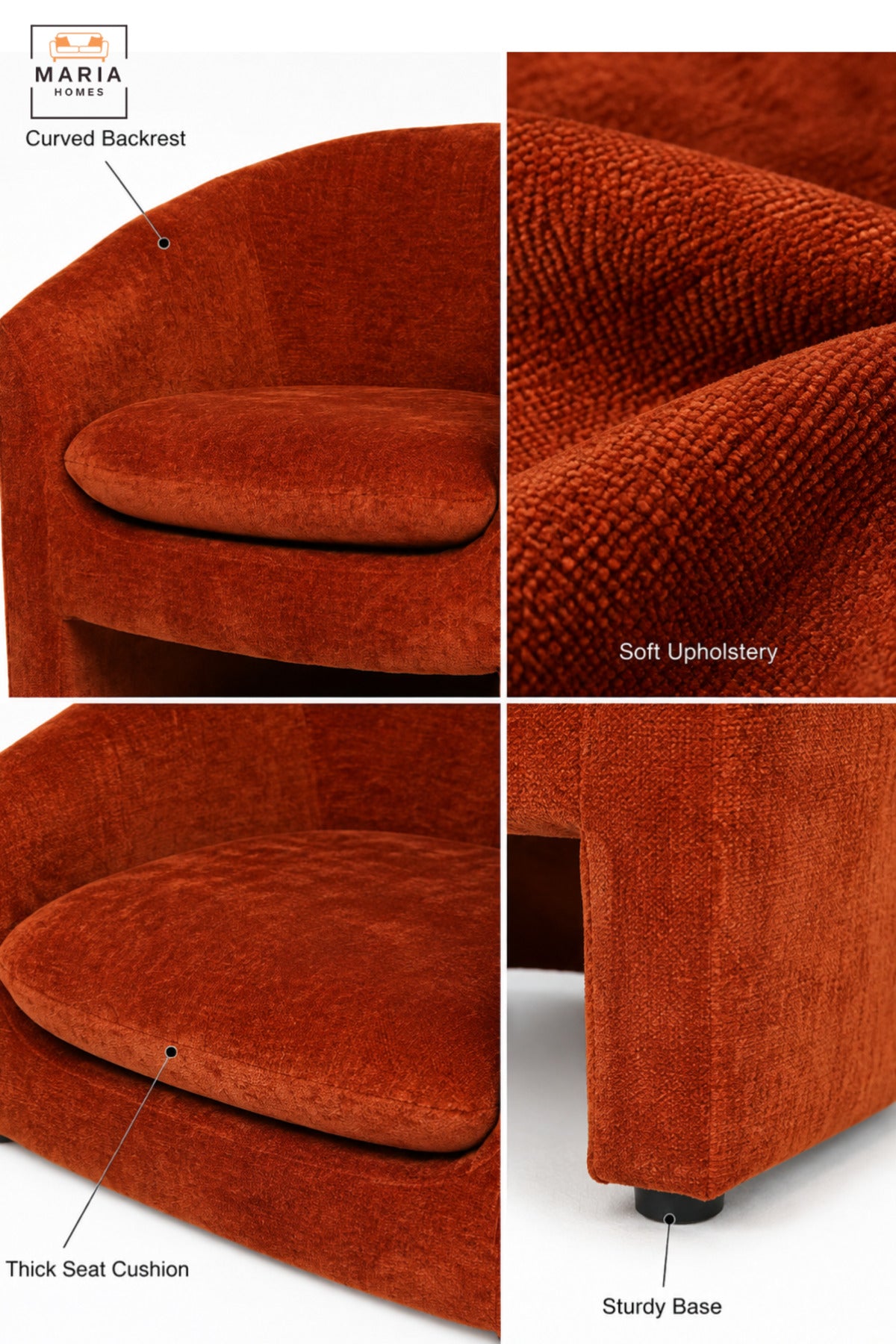 Modern Burnt Orange Fabric Accent Chair with Curved Backrest, Cushioned Seat and Integrated Armrests for Living Room, Bedroom & Lounge