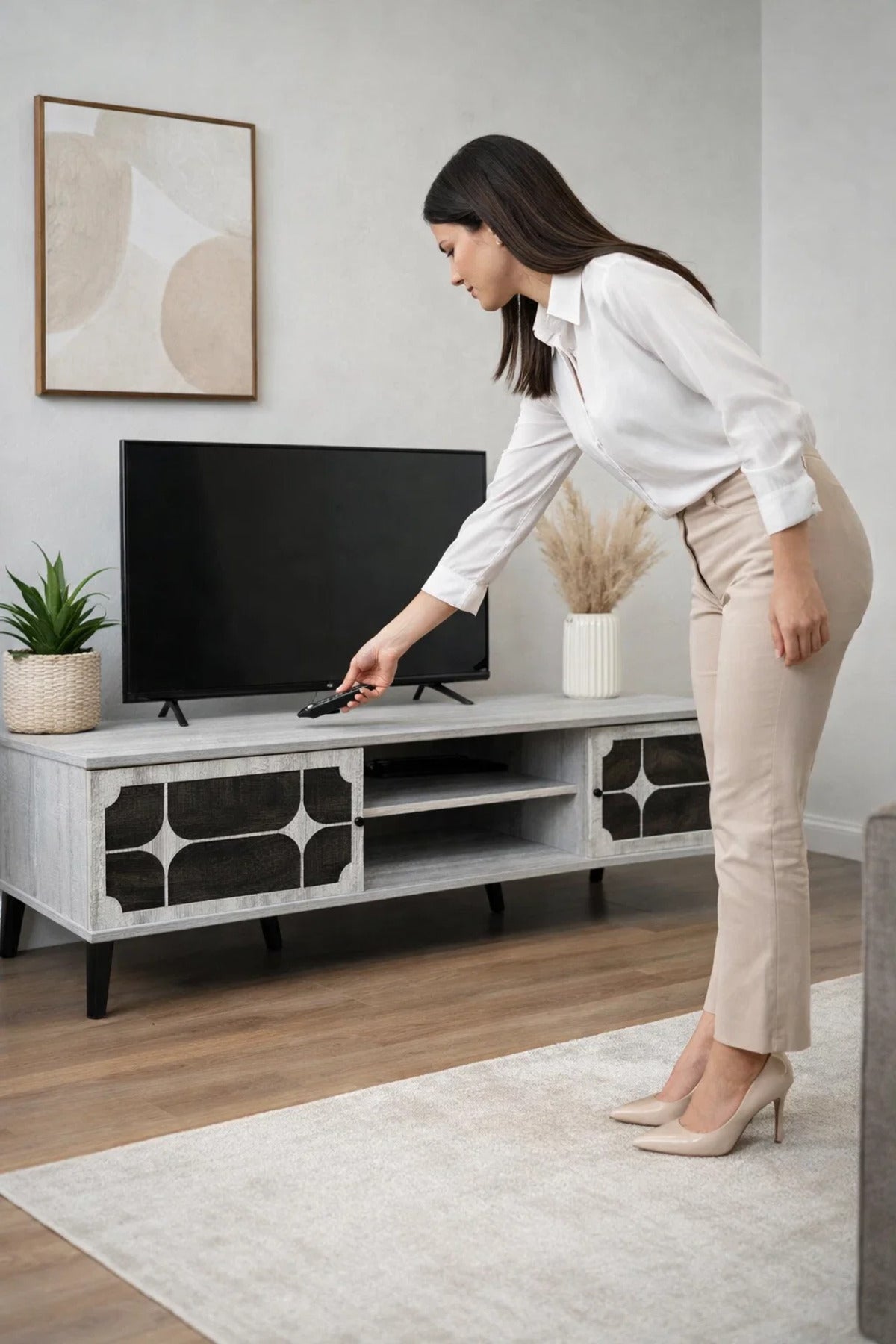 Grey Modern TV Unit 180cm Wide Media Stand with Shelving and Patterned Doors for Living Rooms